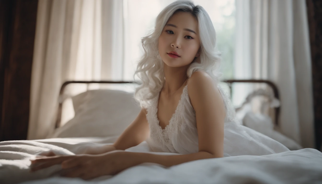 Masterpiece, Top quality, Super detail, 8K, Detailed light, Detailed shadows, primitive, (Detailed skin), (Real: 1.2)，1 Chinese girl, face, (29 years old), White hair, Slept in a luxury bed, Nightdress