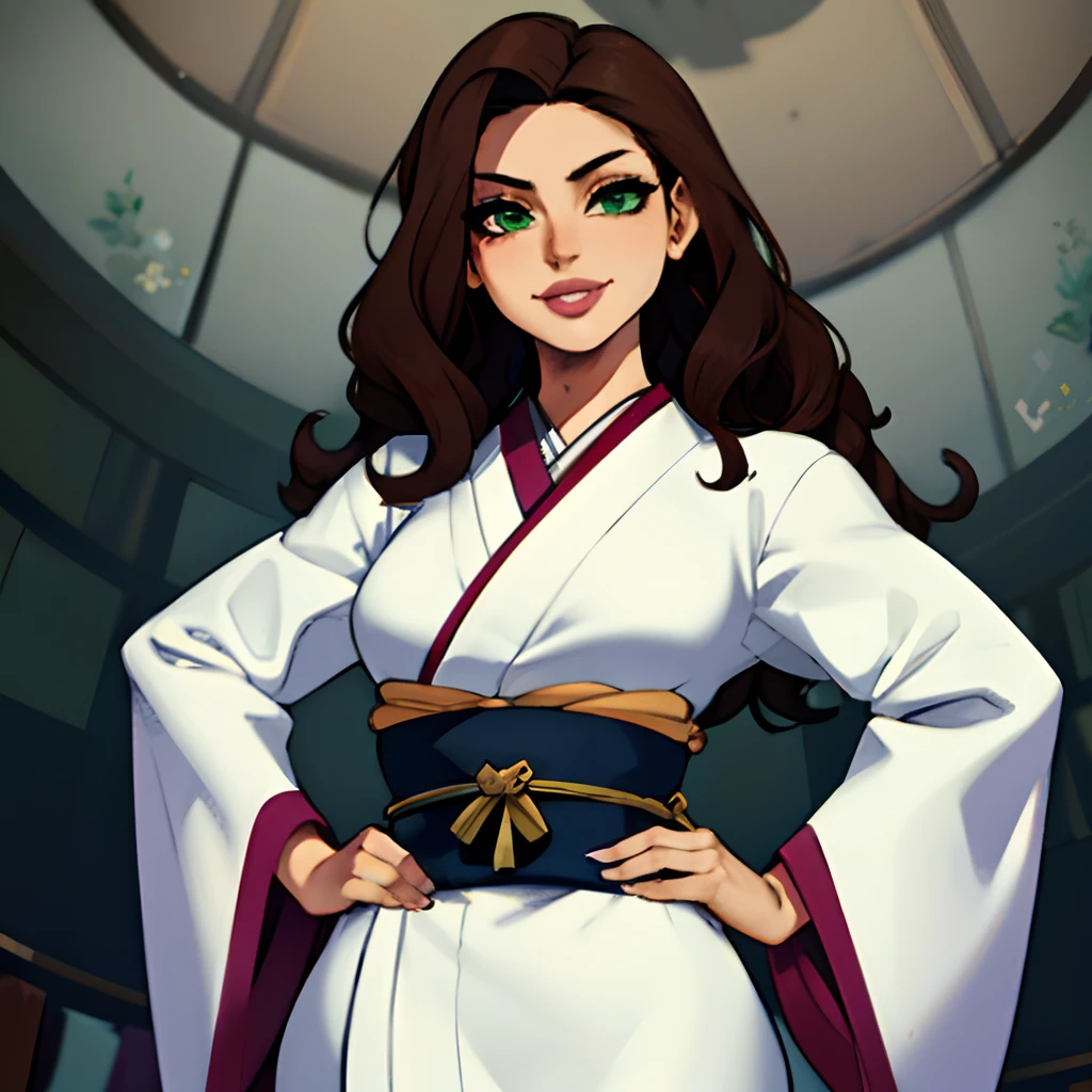 1girl, ((solo)), japanese clothes, long wavy hair, brown hair, sword, katana, white kimono, lips, hands on hips, smile, upper body view, closed mouth, green eyes