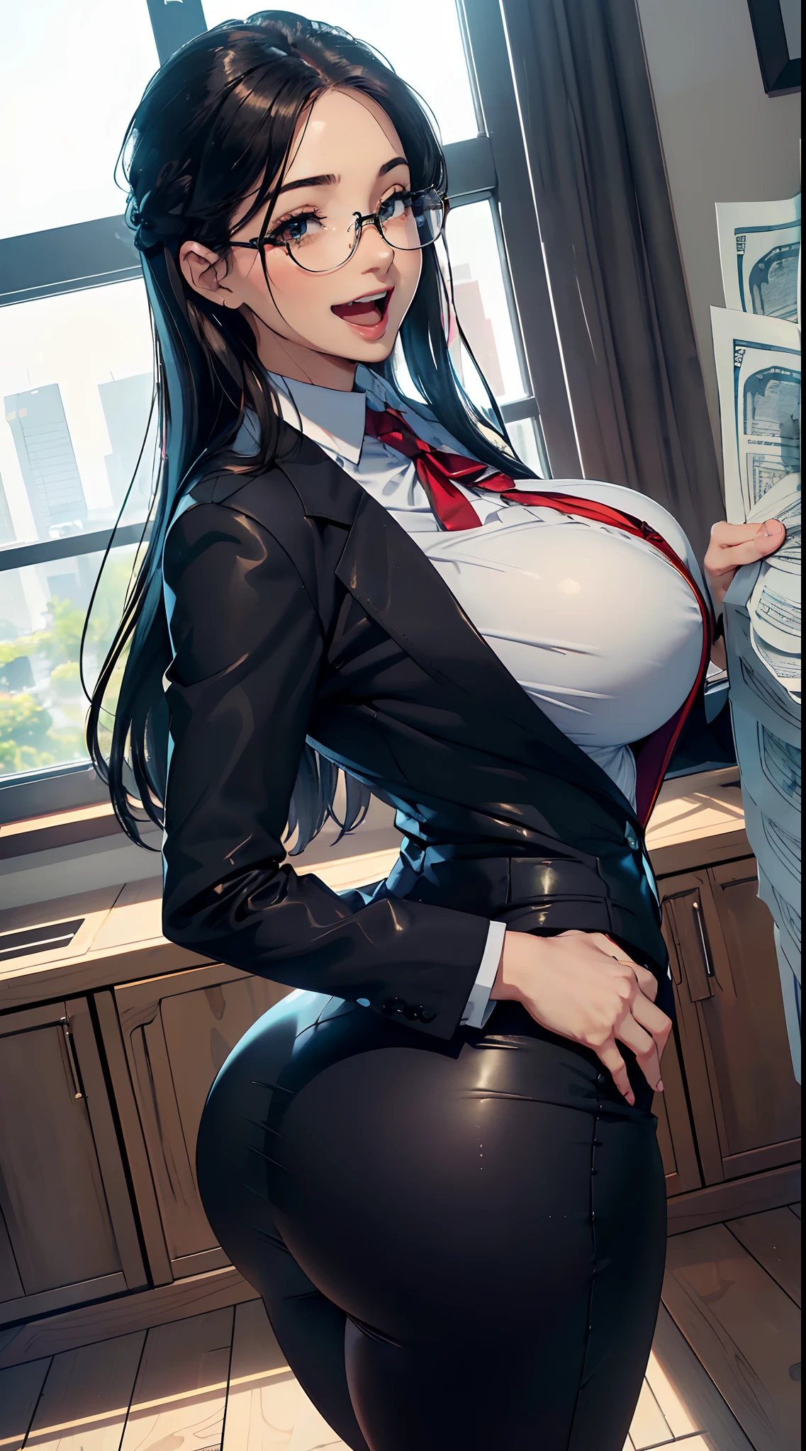 (masterpiece, best quality, ultra-detailed, 8K),(picture-perfect face,blush,(perfect female body,slim waits),thicc hips,abs,hourglass body shape,gigantic breast,(black hair),long hair,(coffee eyes,irridescent eyes),straight hair,goddess,sexy,charming, (lushed face, bills in hand, holding bills in hands, seeing bills,)), alluring, large smile, very happy, ((huge smile, smile with open mouth, excited, ((scream of excitement)))), big ass , sexy ass, nice buttocks, enchanting,makeup,fantasy,lapiz lazuli quarry,colorfull, tight white shirt,( black office suit), short skirt, glasses,hi1,milf office lady