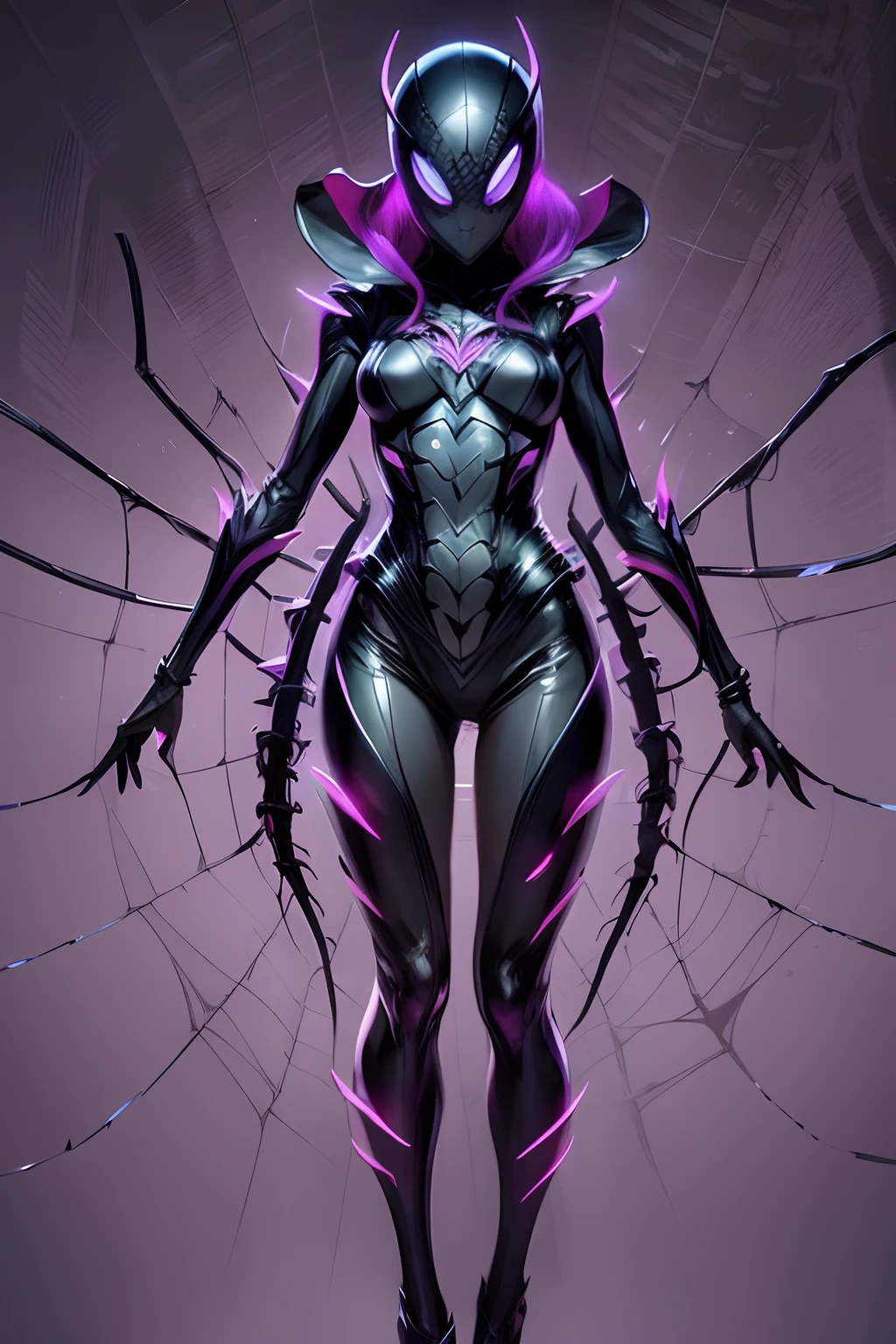 Beautiful girl fused with a spider. She is biological armor. Evil Costume. shiny body suits. Full body image.