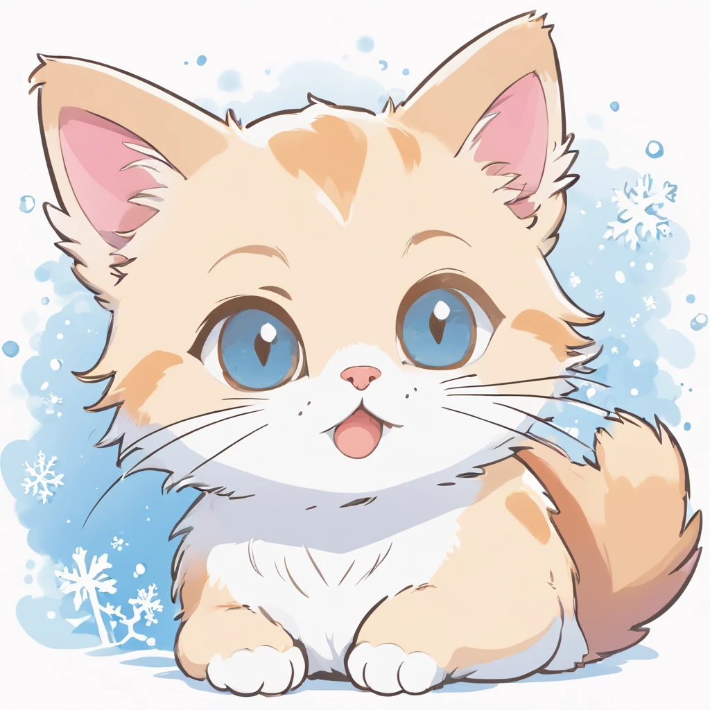 Simple art style with black outline、Illustration of a snow-white kitten、funny expression、solid color、Vector image、Professional vector image、T-shirt design、Stylized square sticker、White background、Simple cells