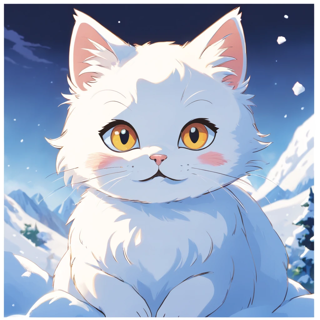 Simple art style with black outline、Illustration of a snow-white kitten、funny expression、solid color、Vector image、Professional vector image、T-shirt design、Stylized square sticker、White background、Simple cells
