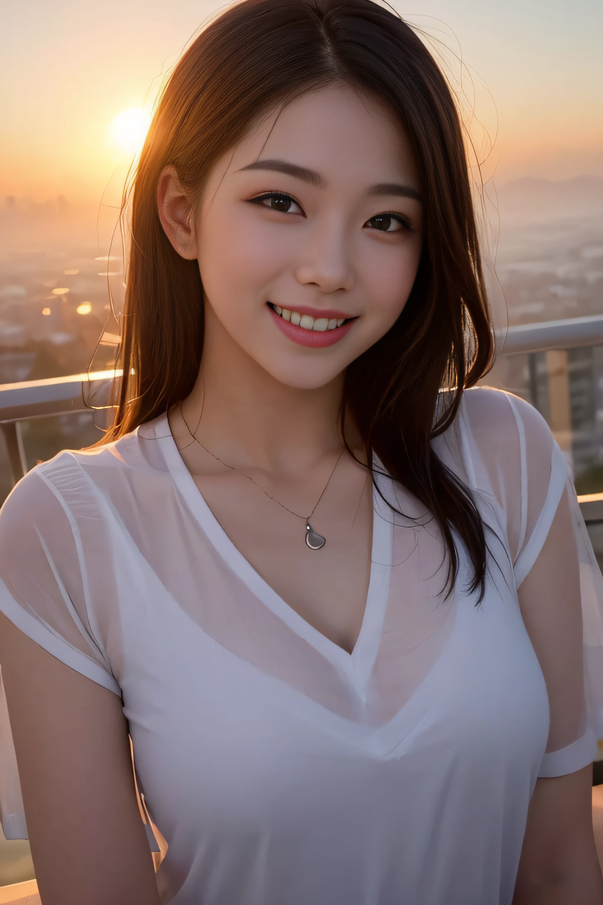 1womanl、(Super beautiful)、(beauitful face:1.5)、Smiling at the rising sun、The fog of dawn begins to melt、A bustling city awakens dreams、Turning around in the morning sun