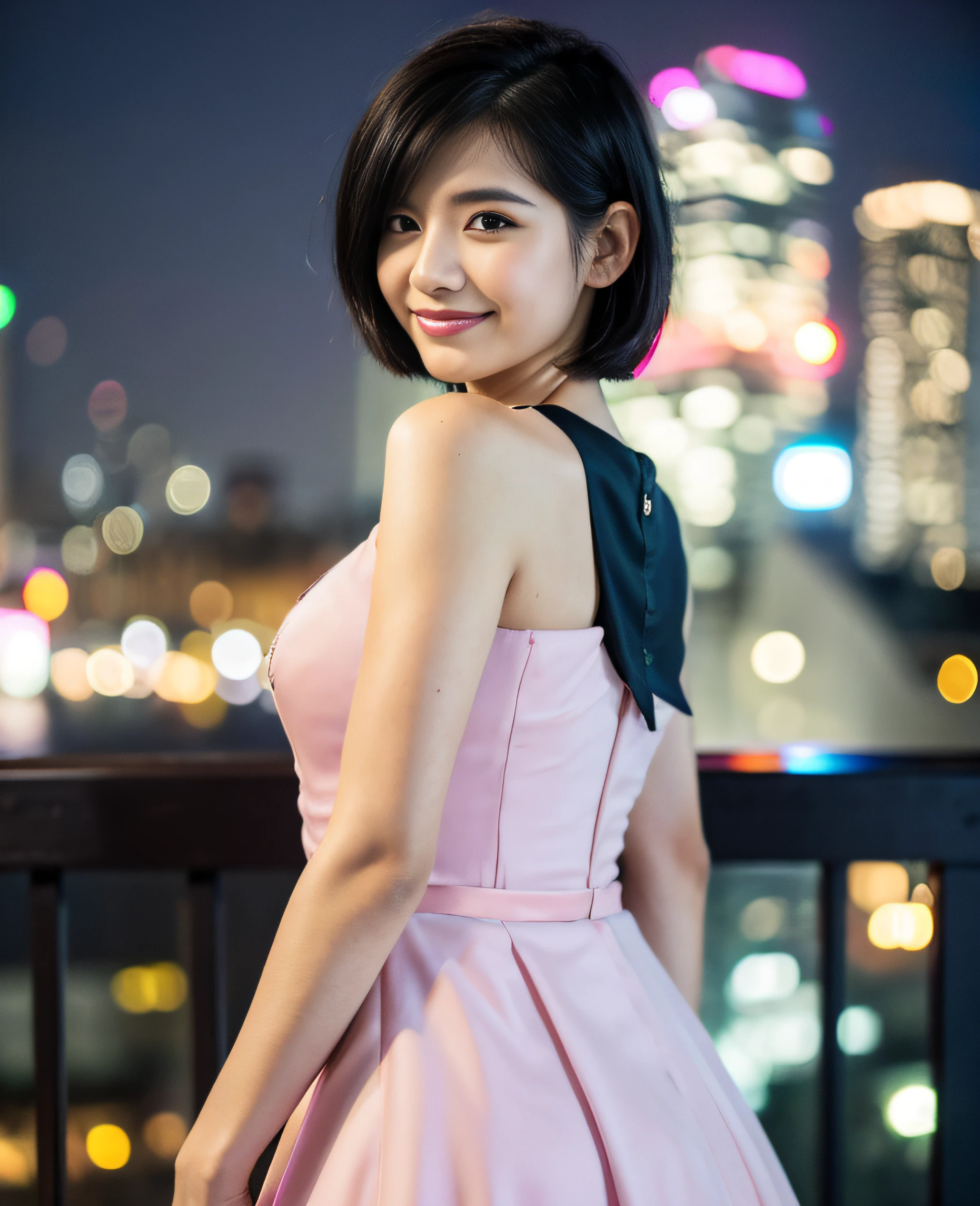 ((((Short hair)))))), ((((Black hair)))), Top quality, 8K, HDR, High resolution, Absurdity level: 1.2, Background blur, Bokeh: 1.2, Photo, (RAW photo ) : 1.2 ), (Reality: 1.4), (Masterpiece: 1.3), (Intricate details: 1.2), 1 girl, solo, Japanese girl, 1 girl, solo, ((smile)), (((Slim) Body)) ), Upper body, ((((Pink formal wear: 1.2)))), Standing, Tokyo cityscape, Night, Cityscape, City lights, Close-up,, ((Best quality, 8k , Masterpiece: 1.3)), 1 girl, smile, full body, slender face, pretty woman, high heels, super detailed face, detailed eyes, double eyelids, blur background, slim face, waist shot,