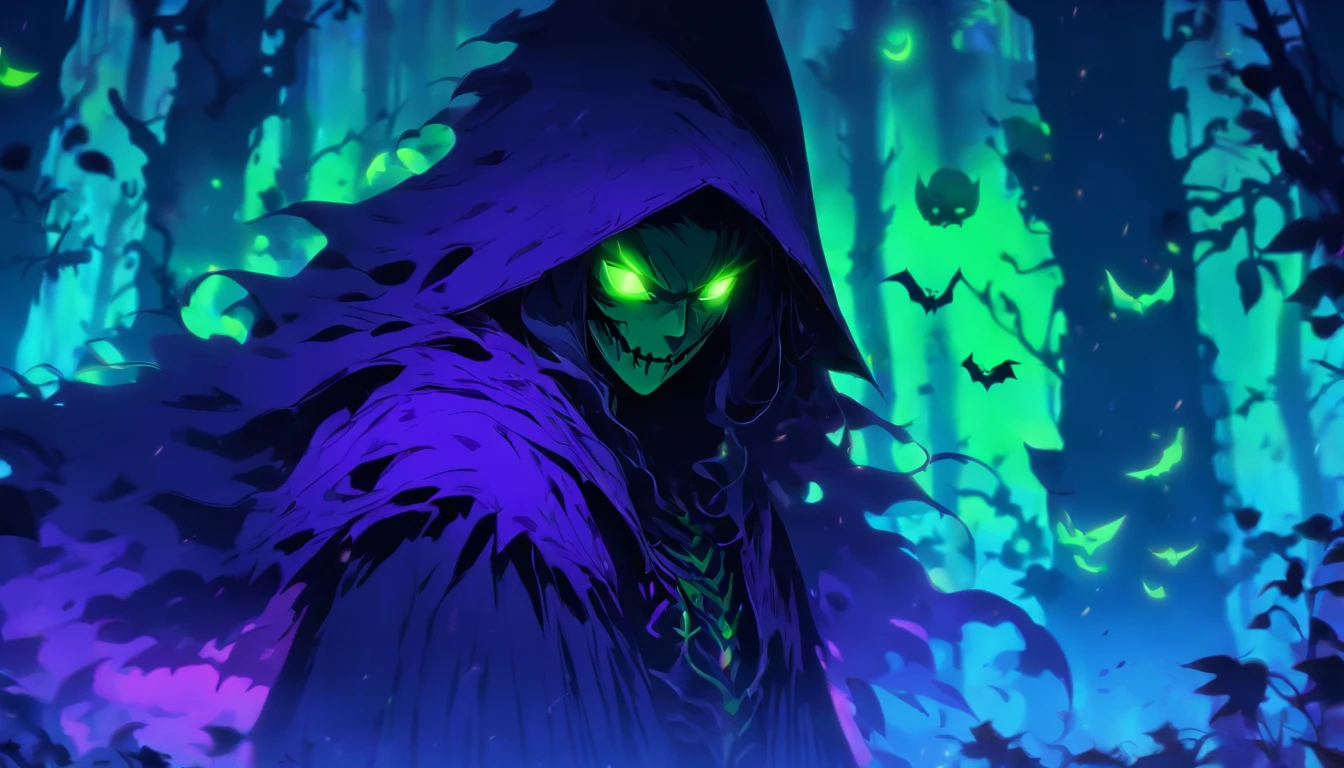 Tags: poisonous evil witch, terrible glowing purple spells, neon green, purple, dark atmosphere, spooky, eerie, sinister, magical, glowing eyes, long crooked nose, flowing black robes, enchanted forest, misty, haunting, foggy, creepy creatures, bats, spiders, eerie moonlight, twisted trees, ominous shadows, witch's cauldron, bubbling potion. (best quality, 4k, highres), ultra-detailed, realistic, portraits, dark fantasy, vivid colors, moody lighting.
