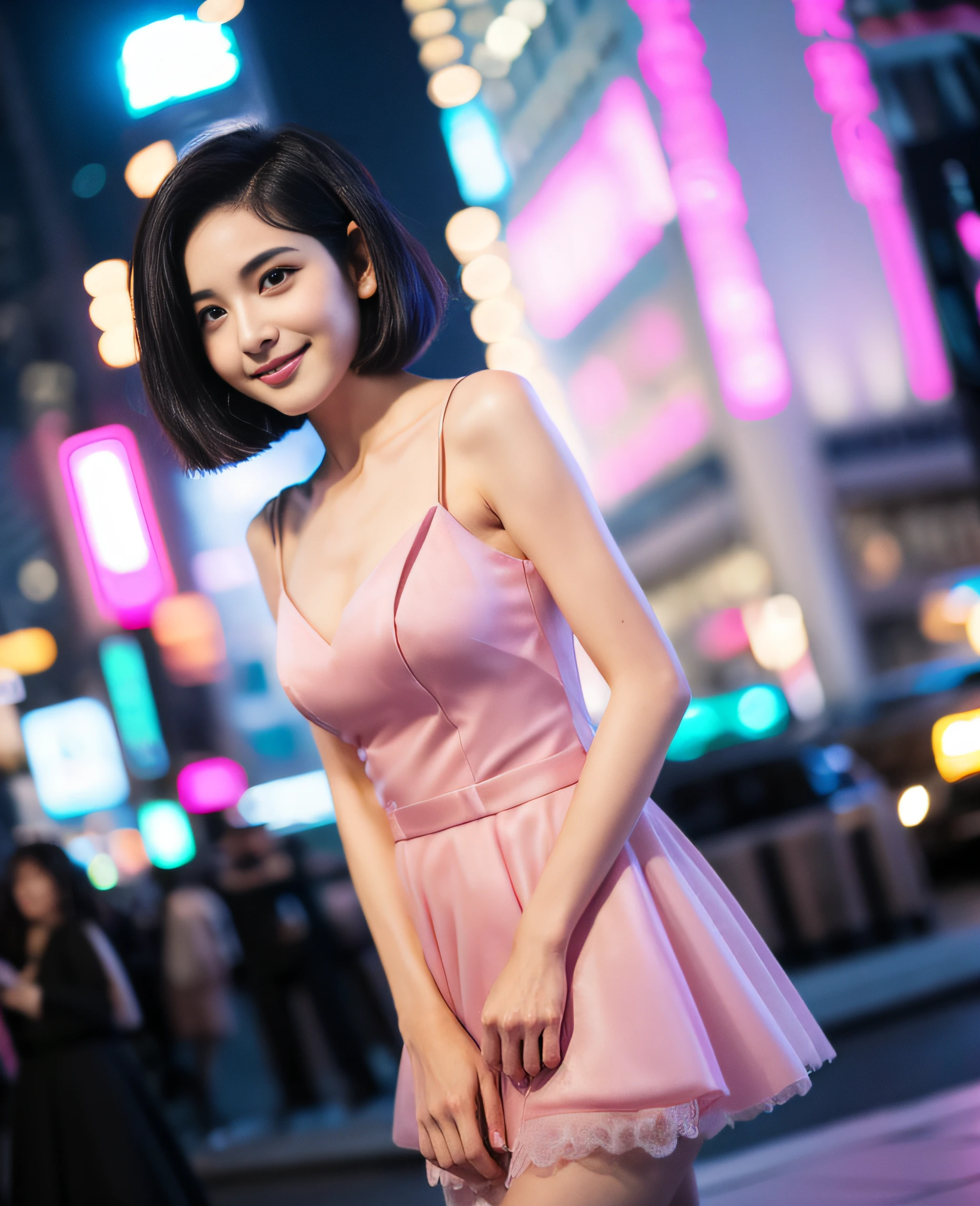 The beauty of 8K raw photos:2.0, Japanese woman, short hair, beautiful face and dark eyes, looking down, looking at the viewer:1.5, big smile, wet hair, tiny top, (purple dress:1.2), shinny skin, open wide legs, realistic:1.9, very detailed, full body shot:1.2, High resolution RAW color photos, professional photos, Taken at the underground station, girl sexy portrait