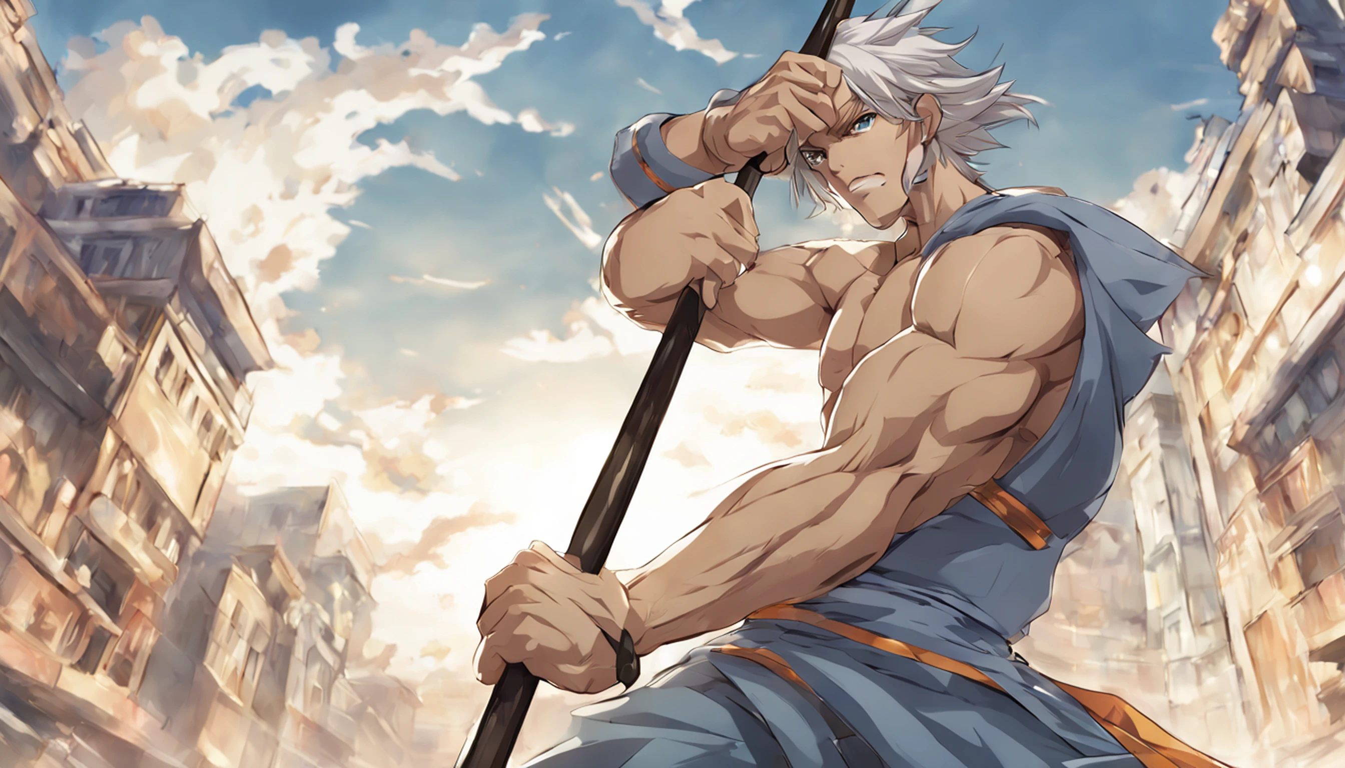 Fresco, personagem masculino do anime, Hold a spear, dynamic pose, Looking at the Viewer, usar spandex fresco, covering the feet to the neck