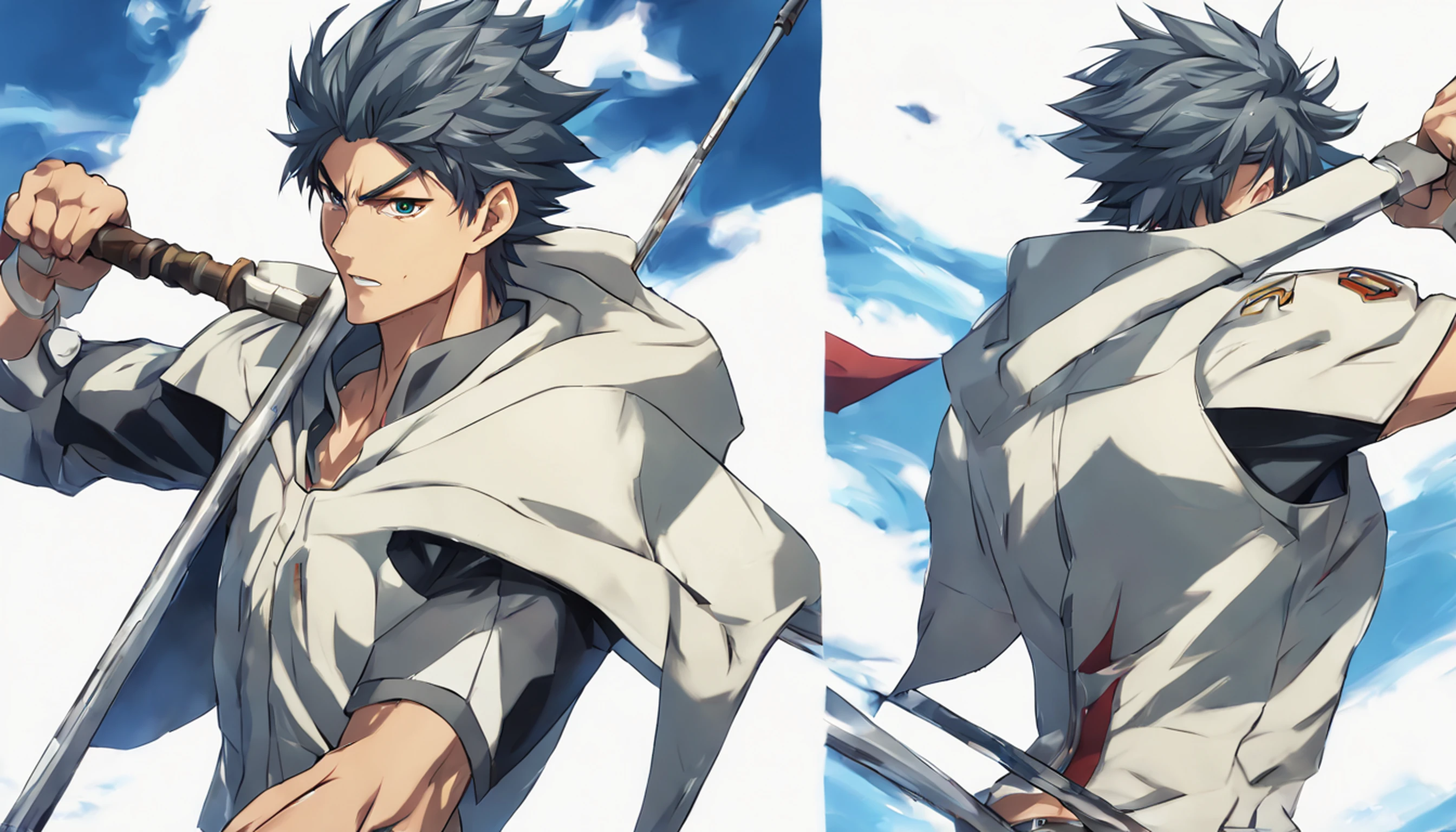 Fresco, personagem masculino do anime, Hold a spear, dynamic pose, Looking at the Viewer, usar spandex fresco, covering the feet to the neck