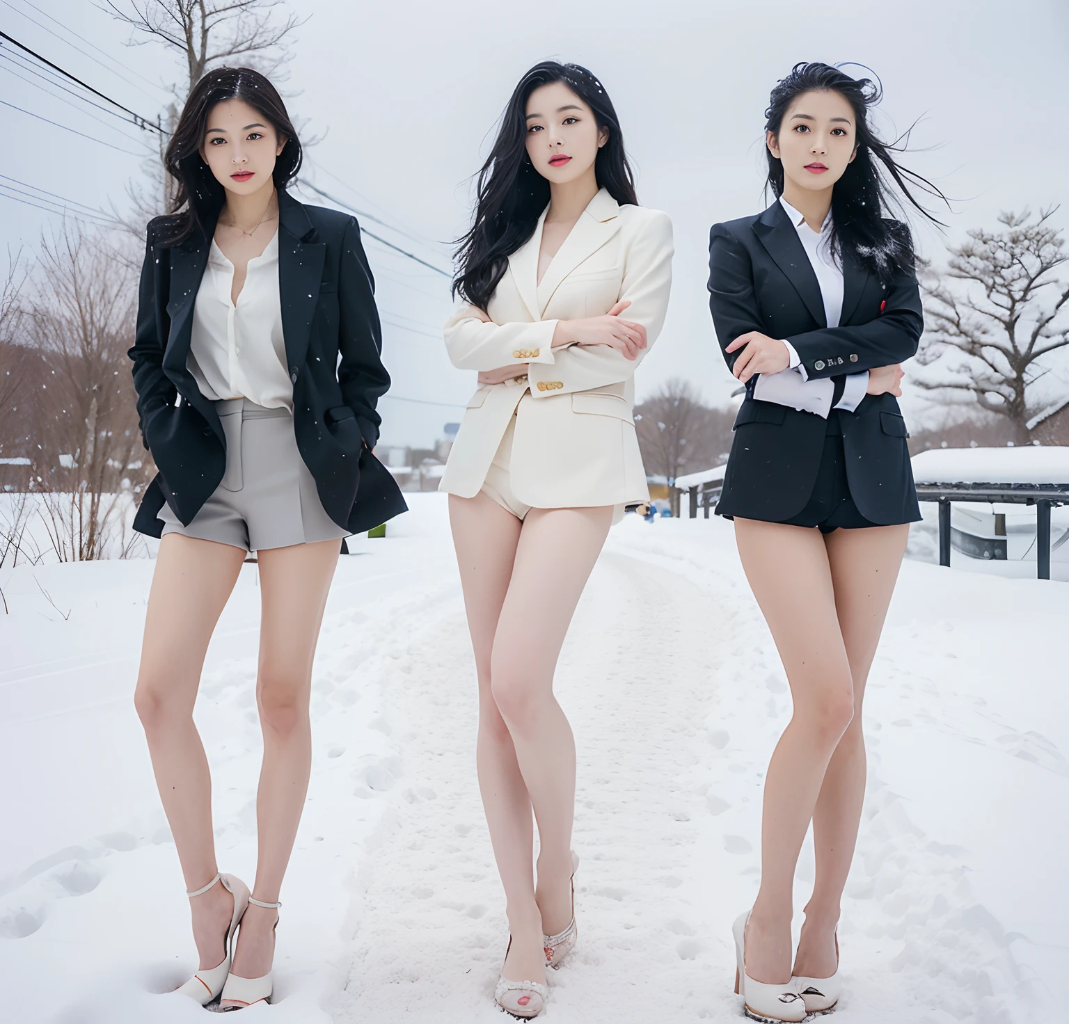 A Japanese Lady、beauitful face、二重まぶた、Big eyes、Long Black Hair、suits、beauty legs、Raw feet、pin heels、tall、model poses、arms in arms、Oyuki、snow cover、snow blowing、Visibility is poor due to snow
