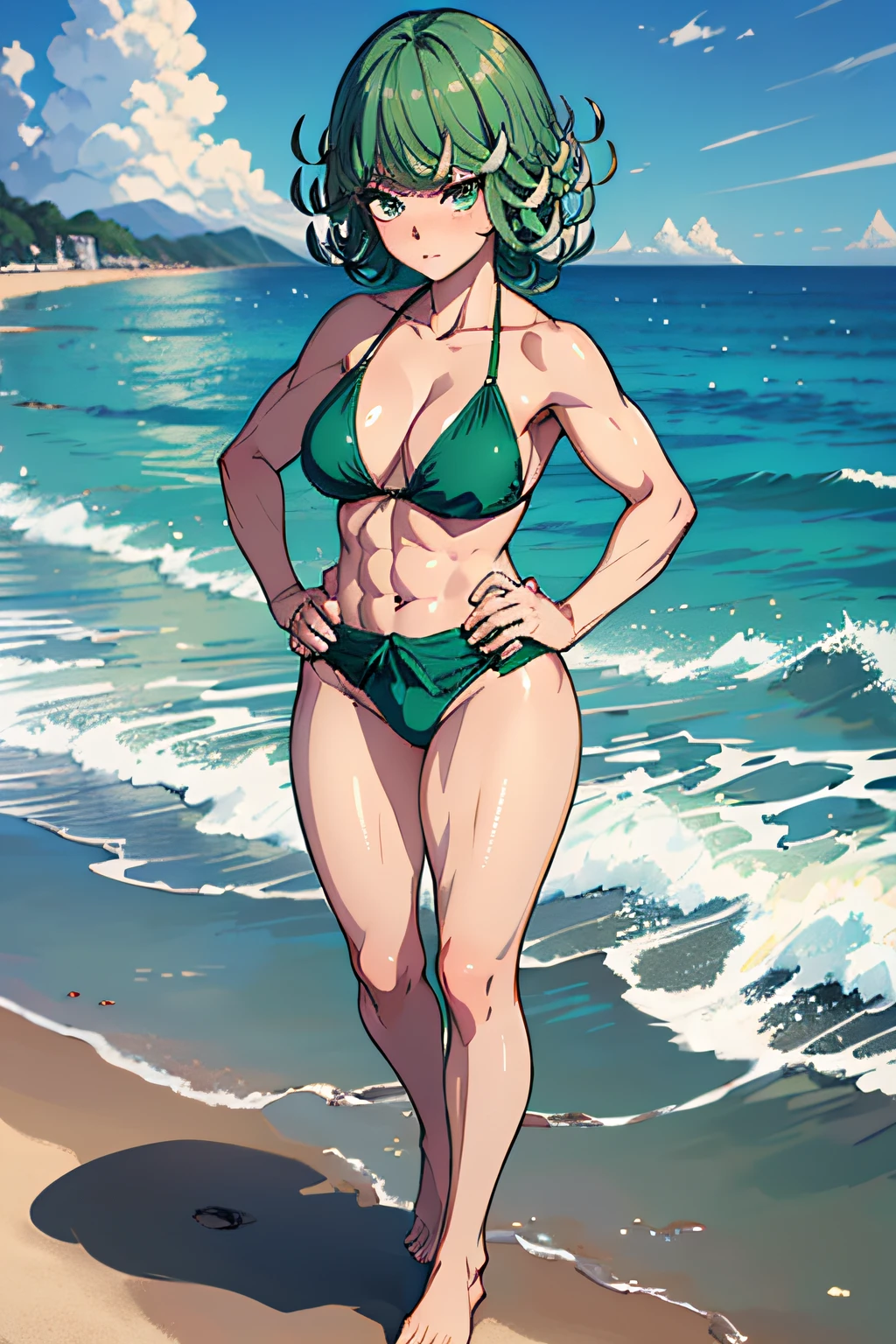 masterpiece, best quality, 1girl, alone, breasts, looking at viewer, blushing, medium_breasts, full body, standing, ((with hands on waist)), wearing green bikini, on the beach, green hair, (Tatsumaki : 1.7), beautiful thighs, faithful to the anime, muscular belly, barefoot, ((focus on the beautiful toned thighs))