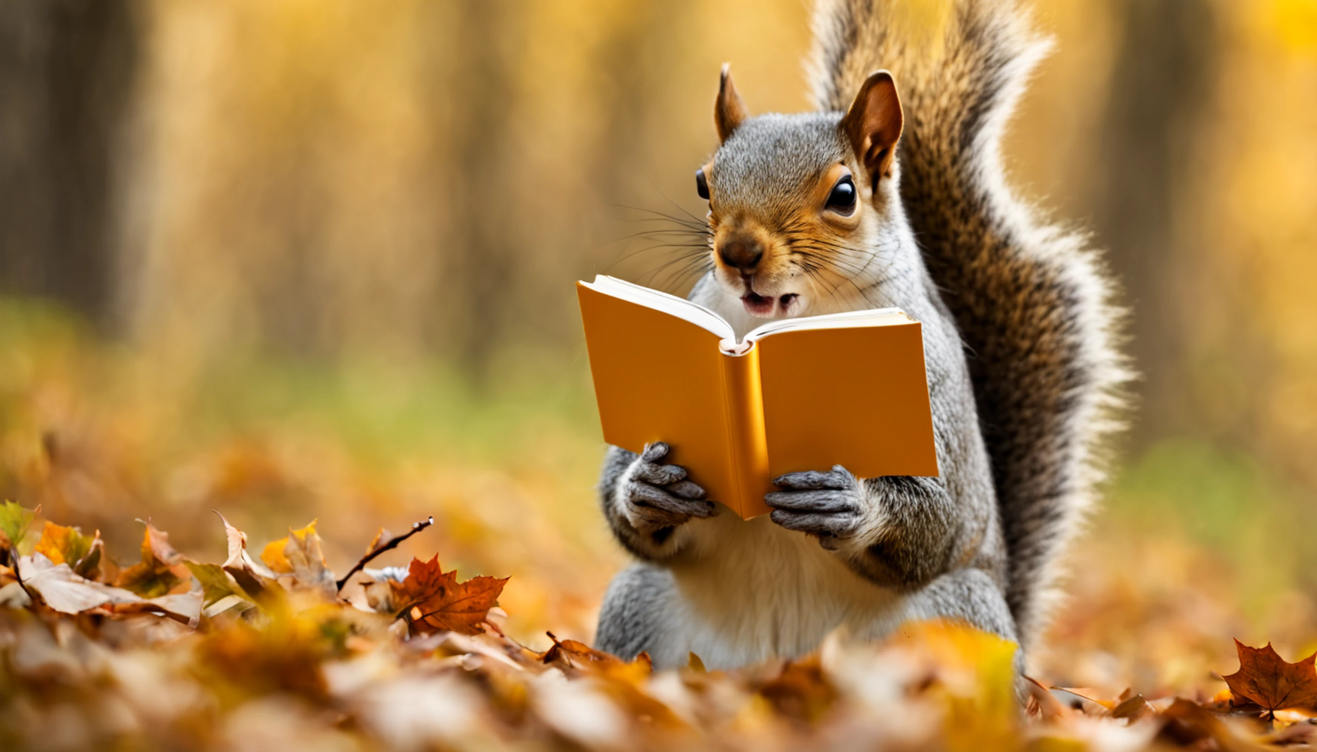 Floresta de outono de conto de fadas,Belas folhas de outono、folhas caindo🍂🍂,There's a squirrel sitting and reading a book,