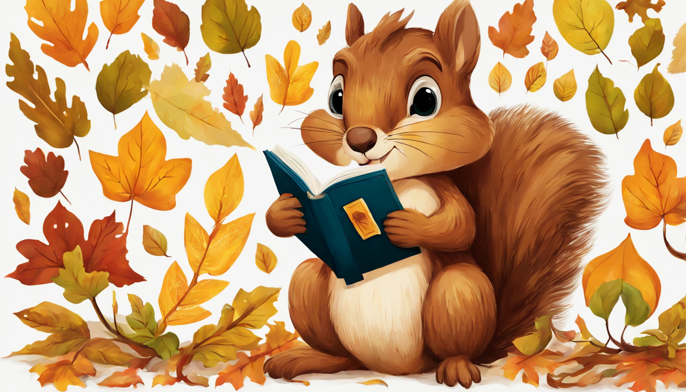 Floresta de outono de conto de fadas,Belas folhas de outono、folhas caindo🍂🍂,There's a squirrel sitting and reading a book,