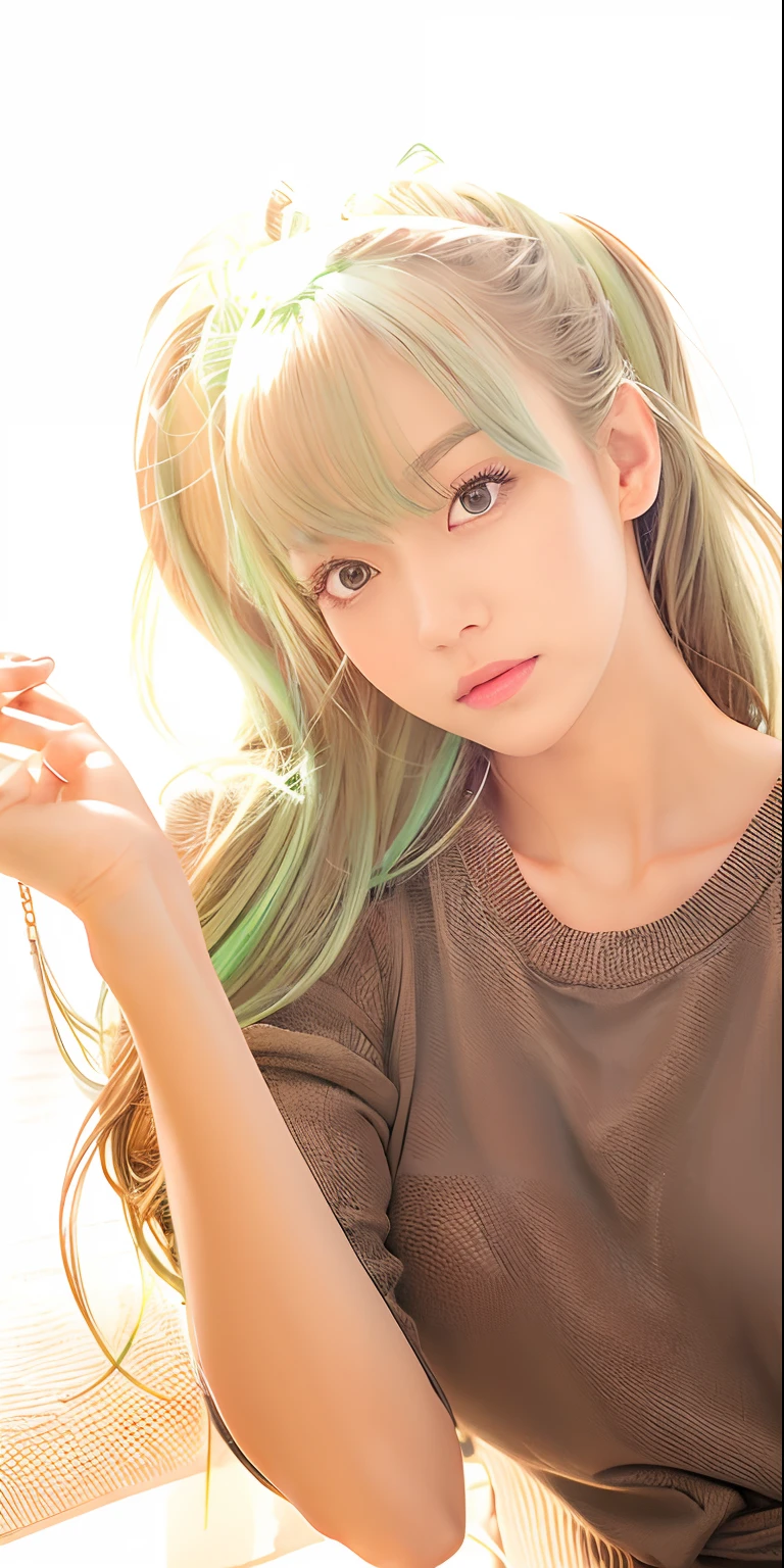 A girl , brownish green hair, brown clothes, realistic