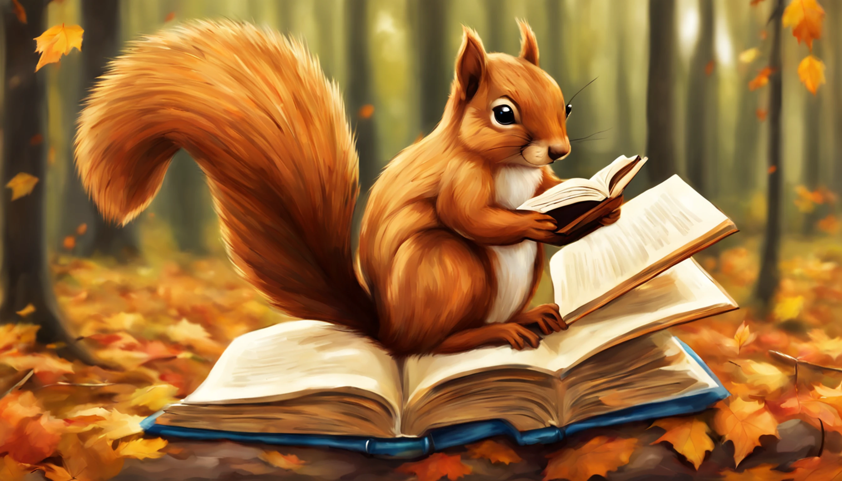 Floresta de outono de conto de fadas,Belas folhas de outono、folhas caindo🍂🍂,There's a squirrel sitting and reading a book,