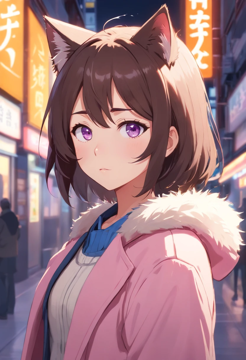 Turn the character in the following description into a human version keeping in mind that she is a female cat, Turn it into a human version while maintaining cat-like characteristics, A black cat with mixed colors between gray, white and light brown, light blue and light purple eyes, bitten ears with white tips, a part of her muzzle for her mouth and white, her coat is a little striped, dark brown color, her body is hairy and her nose is pink with some black parts.