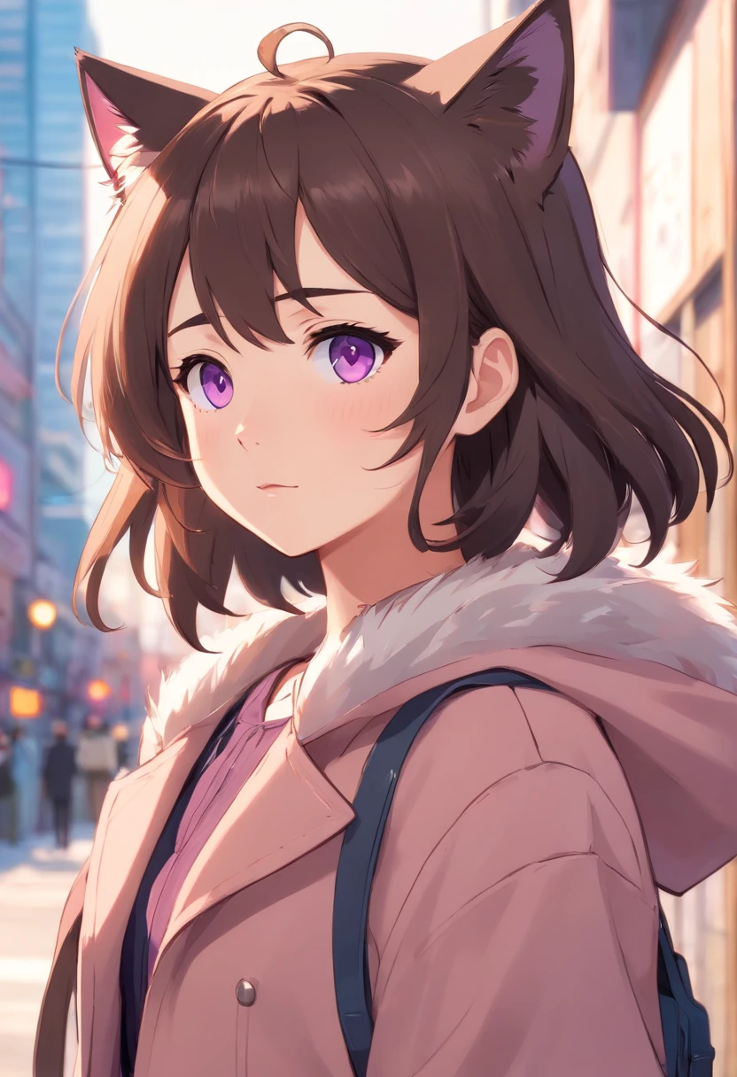 Turn the character in the following description into a human version keeping in mind that she is a female cat, Turn it into a human version while maintaining cat-like characteristics, A black cat with mixed colors between gray, white and light brown, light blue and light purple eyes, bitten ears with white tips, a part of her muzzle for her mouth and white, her coat is a little striped, dark brown color, her body is hairy and her nose is pink with some black parts.