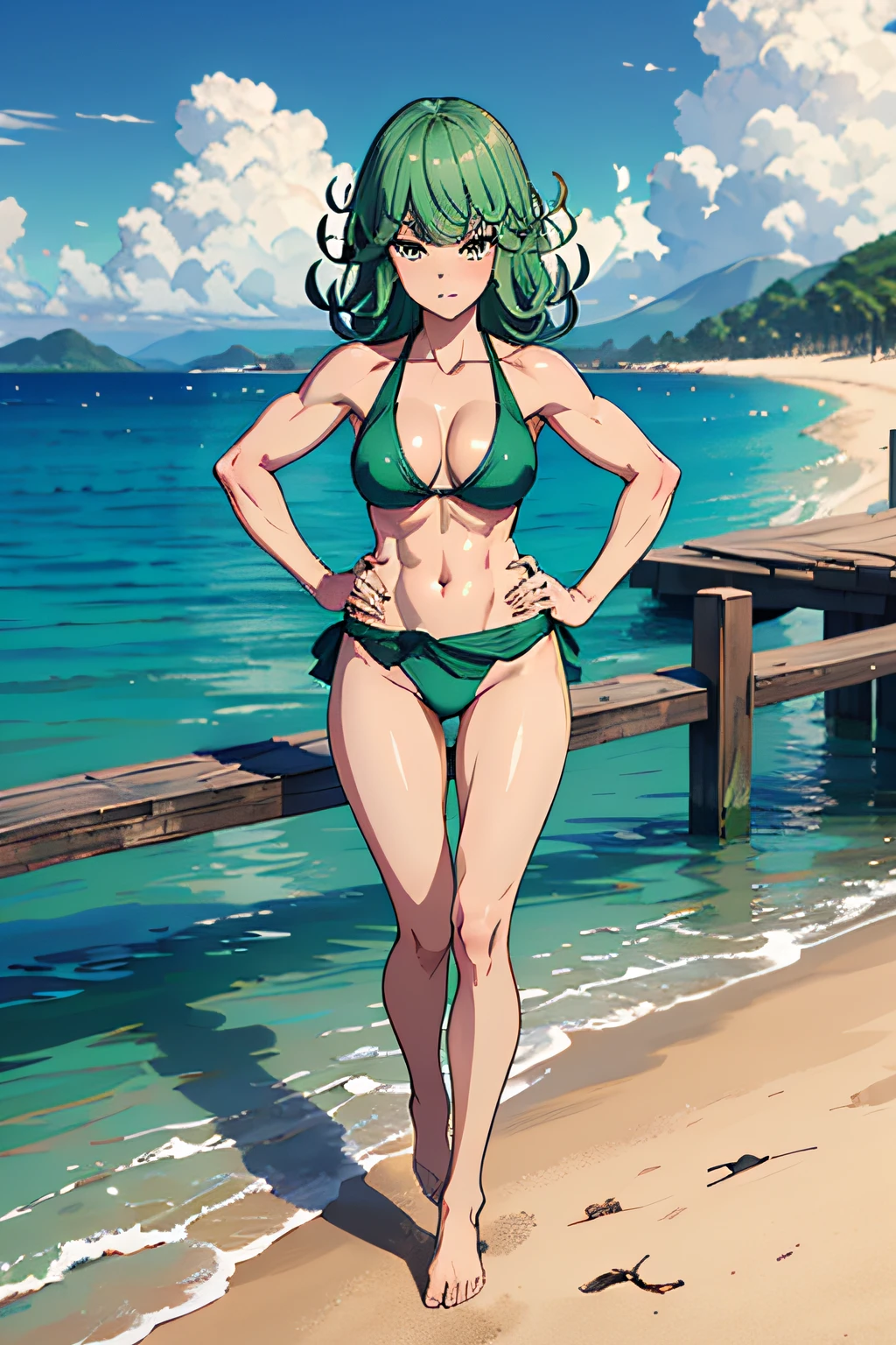 masterpiece, best quality, 1girl, alone, breasts, looking at viewer, blushing, medium_breasts, full body, standing, ((with hands on waist)), wearing green bikini, on the beach, green hair, (Tatsumaki : 1.7), beautiful thighs, faithful to the anime, muscular belly, barefoot, ((focus on the beautiful toned thighs))