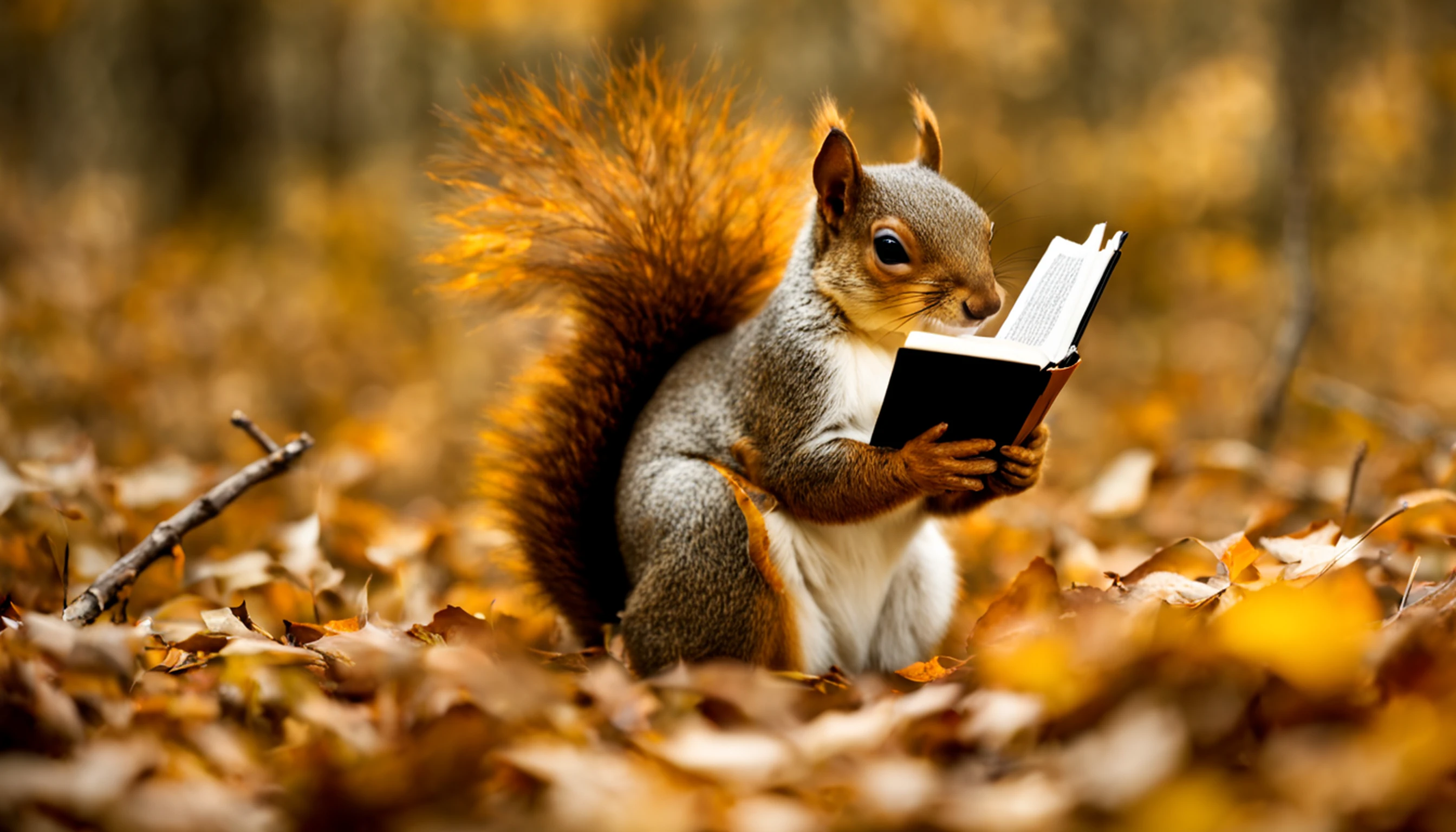 Floresta de outono de conto de fadas,Belas folhas de outono、folhas caindo🍂🍂,There's a squirrel sitting and reading a book,