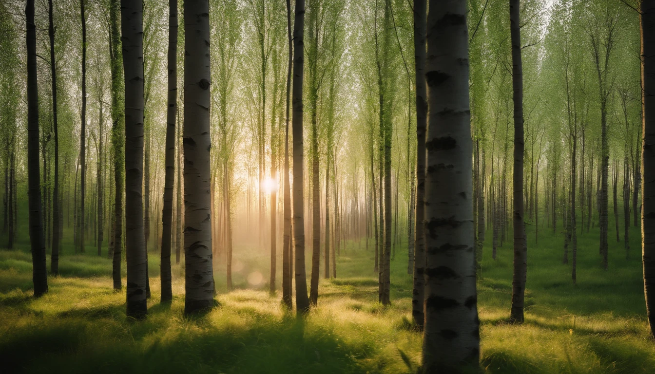 Best quality at best，Master masterpieces，RAW photos，（fidelity：1.4），8k wallpaper，The base color is bright，Natural light， Large grasslands，springtime，The main color is green，small stream，Birch forest，Flat viewing angle