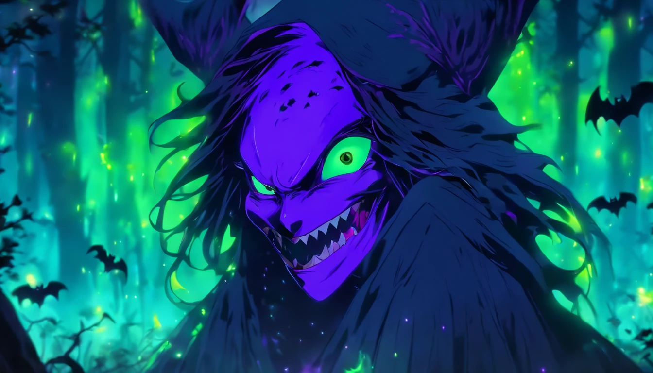 Tags: poisonous evil witch, terrible glowing purple spells, neon green, purple, dark atmosphere, spooky, eerie, sinister, magical, glowing eyes, long crooked nose, flowing black robes, enchanted forest, misty, haunting, foggy, creepy creatures, bats, spiders, eerie moonlight, twisted trees, ominous shadows, witch's cauldron, bubbling potion. (best quality, 4k, highres), ultra-detailed, realistic, portraits, dark fantasy, vivid colors, moody lighting.