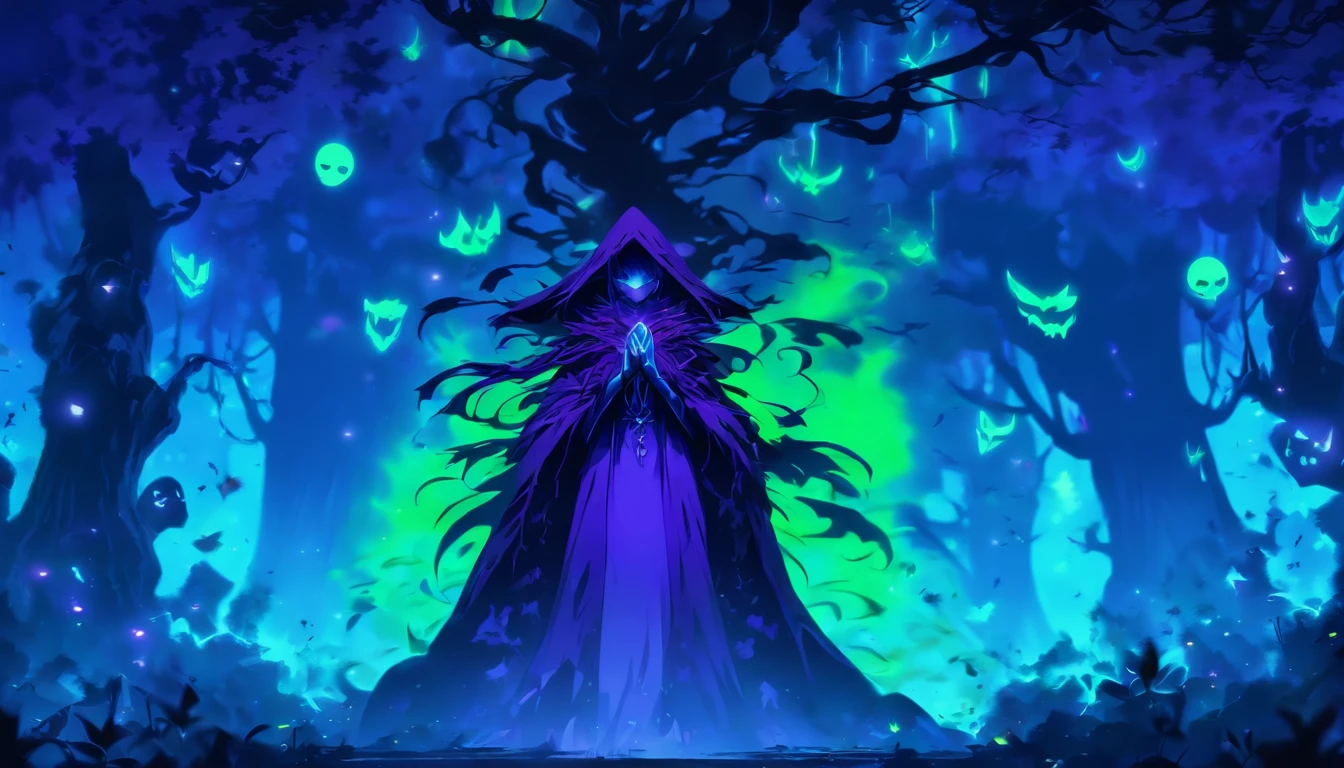 Tags: poisonous evil witch, terrible glowing purple spells, neon green, purple, dark atmosphere, spooky, eerie, sinister, magical, glowing eyes, long crooked nose, flowing black robes, enchanted forest, misty, haunting, foggy, creepy creatures, bats, spiders, eerie moonlight, twisted trees, ominous shadows, witch's cauldron, bubbling potion. (best quality, 4k, highres), ultra-detailed, realistic, portraits, dark fantasy, vivid colors, moody lighting.