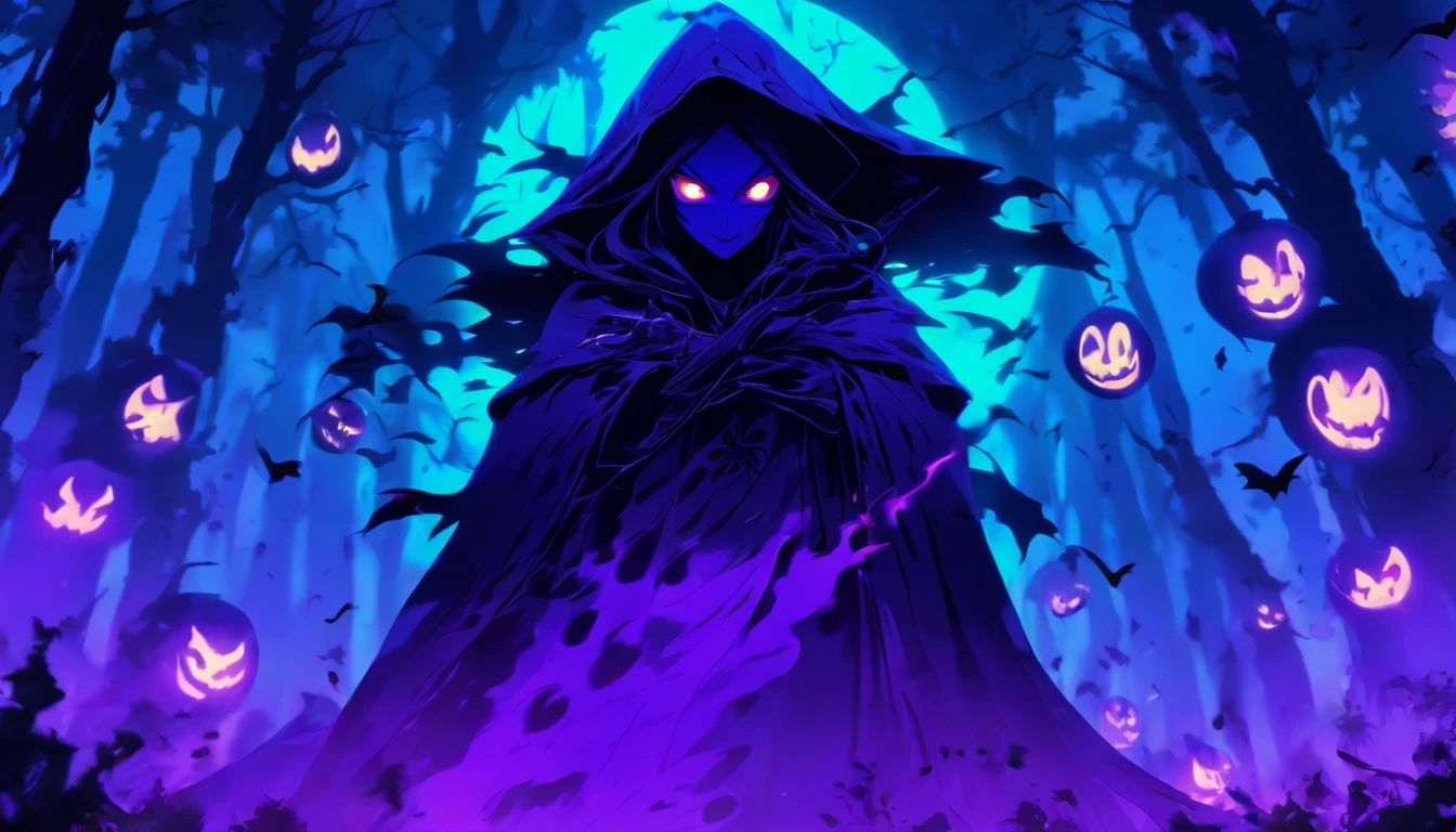 **Title: The Taste of Evil**
**Scenario: A dark and mysterious environment.**
**Image Description:**
1. **fund:** A dark forest at night, with tall trees and a light mist enveloping the ground. The full moon shines brightly in the sky, illuminating the scene with a silvery light.
2. **main character:**
- Um "guest" stylised, with a mischievous expression.
- The figure is semi-translucent, in shades of purple and black, With a malicious smile.
- Bright eyes, maybe in a green or red tone, to give a more enigmatic air.
- Wearing a flowing cloak that seems to blend in with the surrounding mist.
3. **Additional Elements:**
- Small bats flying in the background to add a touch of mystery.
- Uma abóbora iluminada com uma expressão engraçada perto do pé do guest.
- Some stars twinkling in the sky, creating a contrast with the darkness of the forest.
