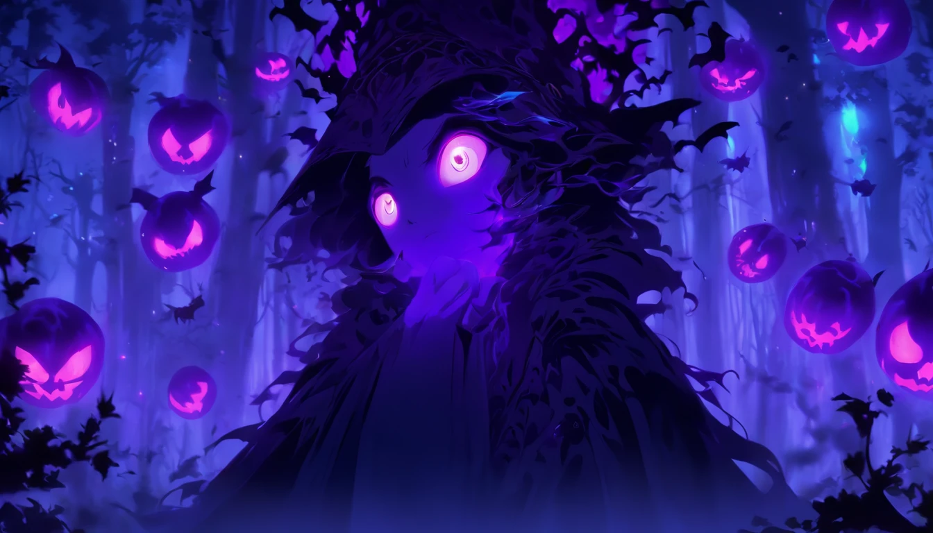 Tags: poisonous evil witch, terrible glowing purple spells, neon green, purple, dark atmosphere, spooky, eerie, sinister, magical, glowing eyes, long crooked nose, flowing black robes, enchanted forest, misty, haunting, foggy, creepy creatures, bats, spiders, eerie moonlight, twisted trees, ominous shadows, witch's cauldron, bubbling potion. (best quality, 4k, highres), ultra-detailed, realistic, portraits, dark fantasy, vivid colors, moody lighting.
