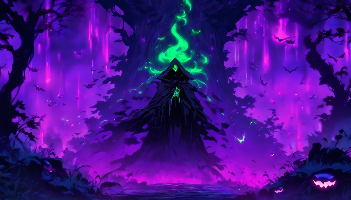 Tags: poisonous evil witch, terrible glowing purple spells, neon green, purple, dark atmosphere, spooky, eerie, sinister, magical, glowing eyes, long crooked nose, flowing black robes, enchanted forest, misty, haunting, foggy, creepy creatures, bats, spiders, eerie moonlight, twisted trees, ominous shadows, witch's cauldron, bubbling potion. (best quality, 4k, highres), ultra-detailed, realistic, portraits, dark fantasy, vivid colors, moody lighting.