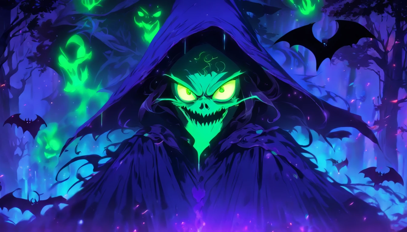 Tags: poisonous evil witch, terrible glowing purple spells, neon green, purple, dark atmosphere, spooky, eerie, sinister, magical, glowing eyes, long crooked nose, flowing black robes, enchanted forest, misty, haunting, foggy, creepy creatures, bats, spiders, eerie moonlight, twisted trees, ominous shadows, witch's cauldron, bubbling potion. (best quality, 4k, highres), ultra-detailed, realistic, portraits, dark fantasy, vivid colors, moody lighting.