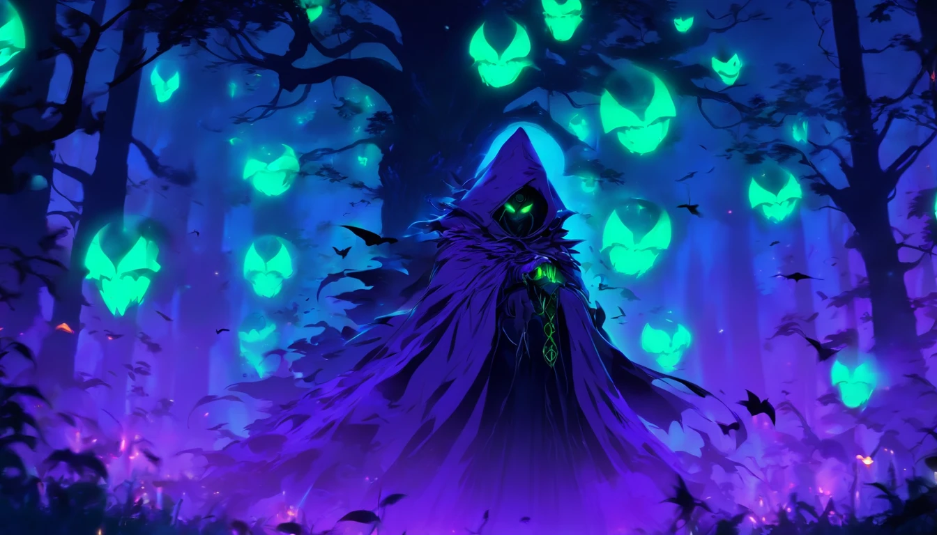 Tags: poisonous evil witch, terrible glowing purple spells, neon green, purple, dark atmosphere, spooky, eerie, sinister, magical, glowing eyes, long crooked nose, flowing black robes, enchanted forest, misty, haunting, foggy, creepy creatures, bats, spiders, eerie moonlight, twisted trees, ominous shadows, witch's cauldron, bubbling potion. (best quality, 4k, highres), ultra-detailed, realistic, portraits, dark fantasy, vivid colors, moody lighting.
