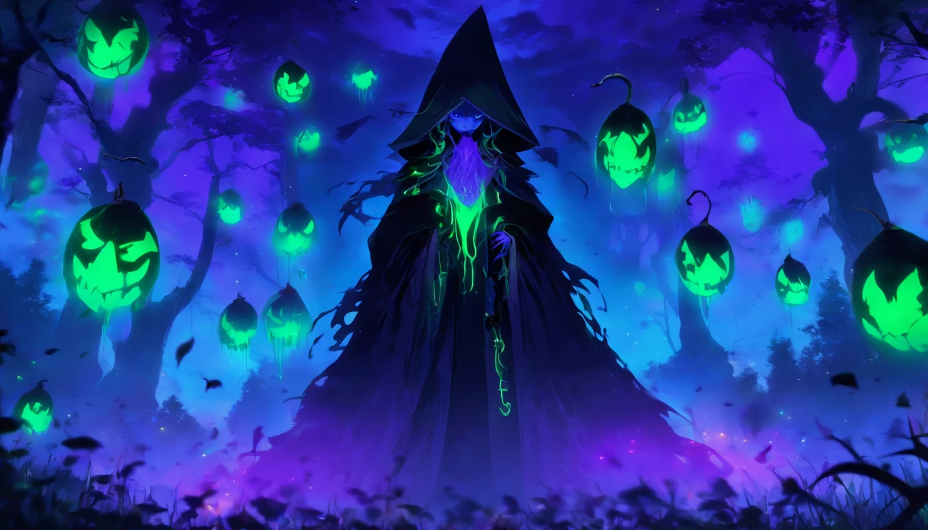 Tags: poisonous evil witch, terrible glowing purple spells, neon green, purple, dark atmosphere, spooky, eerie, sinister, magical, glowing eyes, long crooked nose, flowing black robes, enchanted forest, misty, haunting, foggy, creepy creatures, bats, spiders, eerie moonlight, twisted trees, ominous shadows, witch's cauldron, bubbling potion. (best quality, 4k, highres), ultra-detailed, realistic, portraits, dark fantasy, vivid colors, moody lighting.