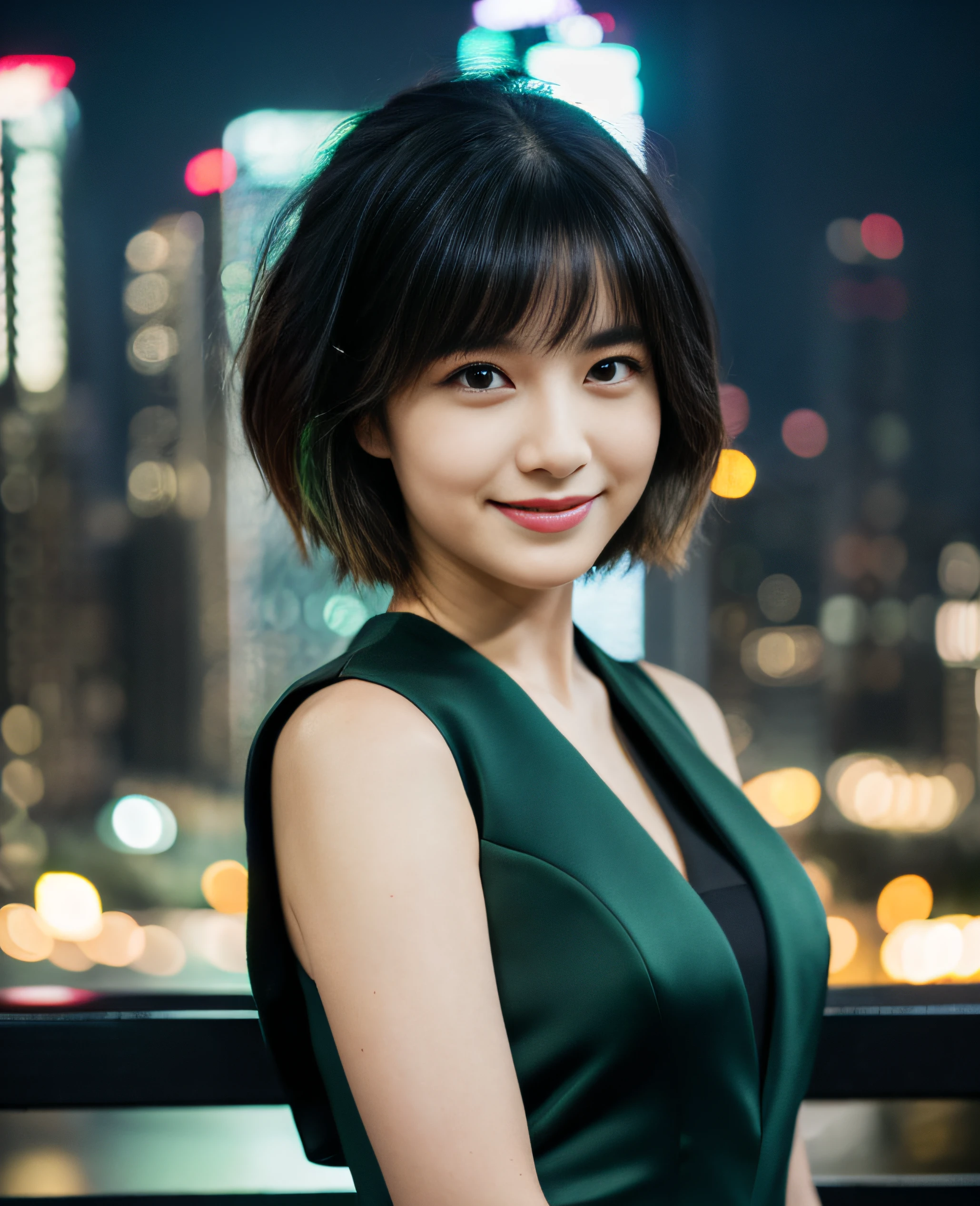 ((((Short hair)))))), ((((Black hair)))), Top quality, 8K, HDR, High resolution, Absurdity level: 1.2, Background blur, Bokeh: 1.2, Photo, (RAW photo ) : 1.2 ), (Reality: 1.4), (Masterpiece: 1.3), (Intricate details: 1.2), 1 girl, solo, Japanese girl, 1 girl, solo, ((smile)), (((Slim) Body)) ), Upper body, ((((Dark Green formal wear: 1.2)))), Standing, Tokyo cityscape, Night, Cityscape, City lights, Close-up,, ((Best quality, 8k , Masterpiece: 1.3)), 1 girl, smile, full body, slender face, pretty woman, high heels, super detailed face, detailed eyes, double eyelids, blur background, slim face, waist shot,