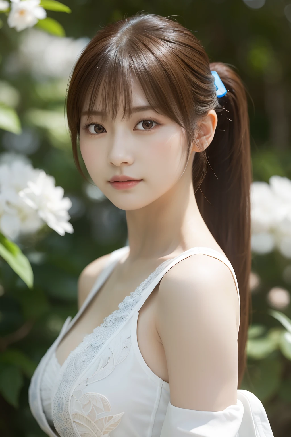 8K, top-quality, Real Image, intricate detailes, ultra-detailliert, 超A high resolution, Depth Field, (Photorealsitic, realisitic:1.2), ​masterpiece, Kasumi \(doa\), Wearing white Japan clothes, bare shoulders​, breastsout, Brown-eyed, brown haired, s lips, length hair, poneyTail, 独奏, suns, blue open sky, (intricate detailes:1.2), (delicate detail), (ciinematic light), Clear Line, foco nítido, Lifelike face, A detailed face, Unity 8k Wallpapers, ((Look at viewers))