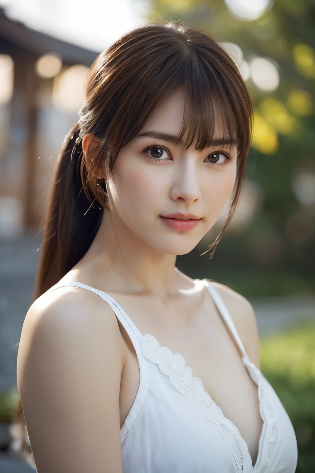 8K, top-quality, Real Image, intricate detailes, ultra-detailliert, 超A high resolution, Depth Field, (Photorealsitic, realisitic:1.2), ​masterpiece, Kasumi \(doa\), Wearing white Japan clothes, bare shoulders​, breastsout, Brown-eyed, brown haired, s lips, length hair, poneyTail, 独奏, suns, blue open sky, (intricate detailes:1.2), (delicate detail), (ciinematic light), Clear Line, foco nítido, Lifelike face, A detailed face, Unity 8k Wallpapers, ((Look at viewers))