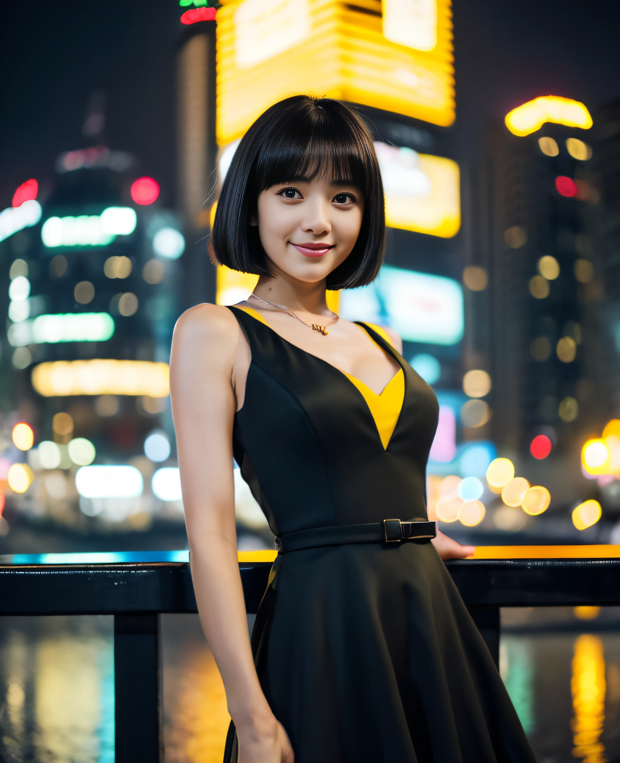 ((((Short hair)))))), ((((Black hair)))), Top quality, 8K, HDR, High resolution, Absurdity level: 1.2, Background blur, Bokeh: 1.2, Photo, (RAW photo ) : 1.2 ), (Reality: 1.4), (Masterpiece: 1.3), (Intricate details: 1.2), 1 girl, solo, Japanese girl, 1 girl, solo, ((smile)), (((Slim) Body)) ), Upper body, ((((Dark yellow formal wear: 1.2)))), Standing, Tokyo cityscape, Night, Cityscape, City lights, Close-up,, ((Best quality, 8k , Masterpiece: 1.3)), 1 girl, smile, full body, slender face, pretty woman, high heels, super detailed face, detailed eyes, double eyelids, blur background, slim face, waist shot,