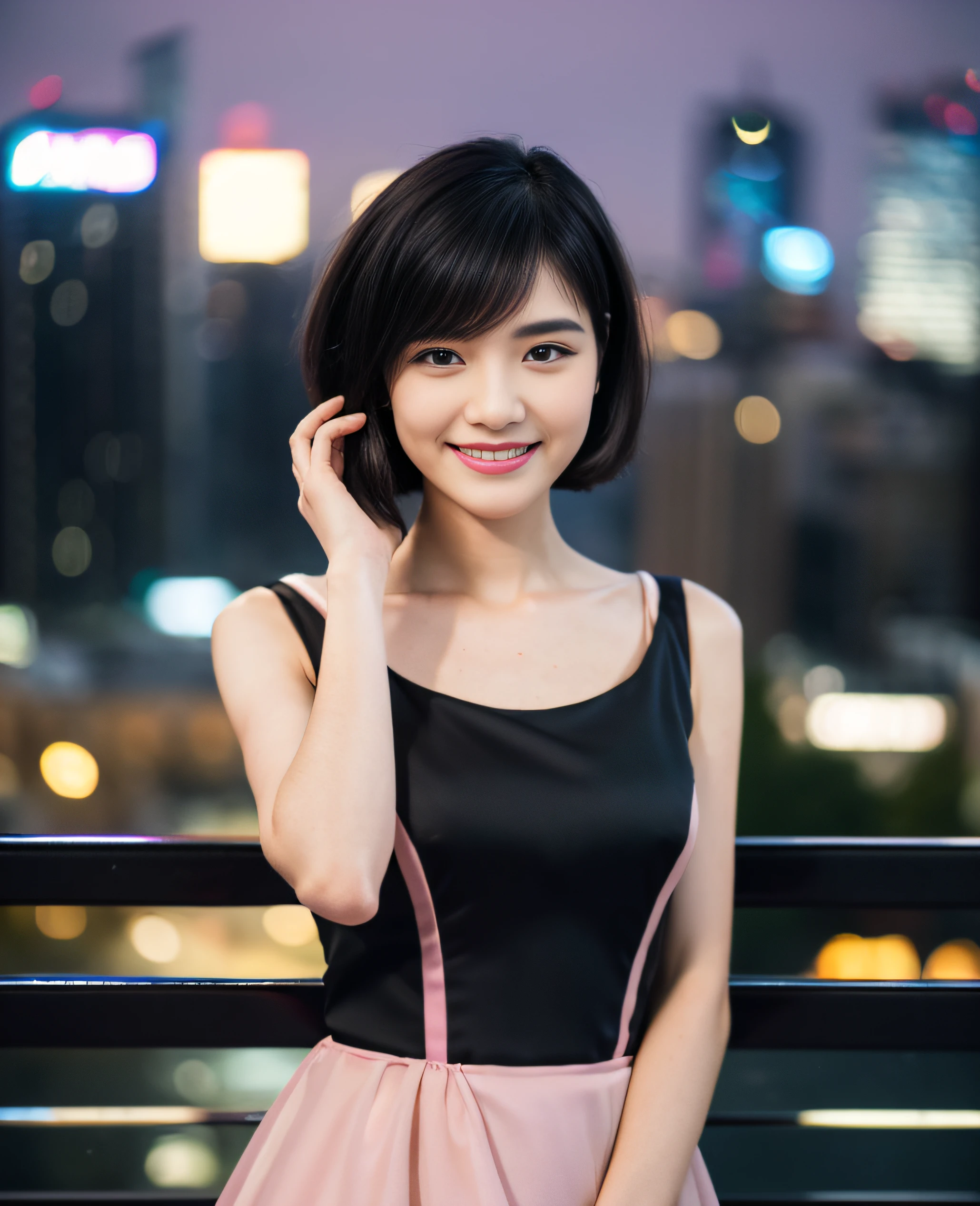 ((((Short hair)))))), ((((Black hair)))), Top quality, 8K, HDR, High resolution, Absurdity level: 1.2, Background blur, Bokeh: 1.2, Photo, (RAW photo ) : 1.2 ), (Reality: 1.4), (Masterpiece: 1.3), (Intricate details: 1.2), 1 girl, solo, Japanese girl, 1 girl, solo, ((smile)), (((Slim) Body)) ), Upper body, ((((Navy blue formal wear: 1.2)))), Standing, Tokyo cityscape, Night, Cityscape, City lights, Close-up,, ((Best quality, 8k , Masterpiece: 1.3)), 1 girl, smile, full body, slender face, pretty woman, high heels, super detailed face, detailed eyes, double eyelids, blur background, slim face, waist shot,