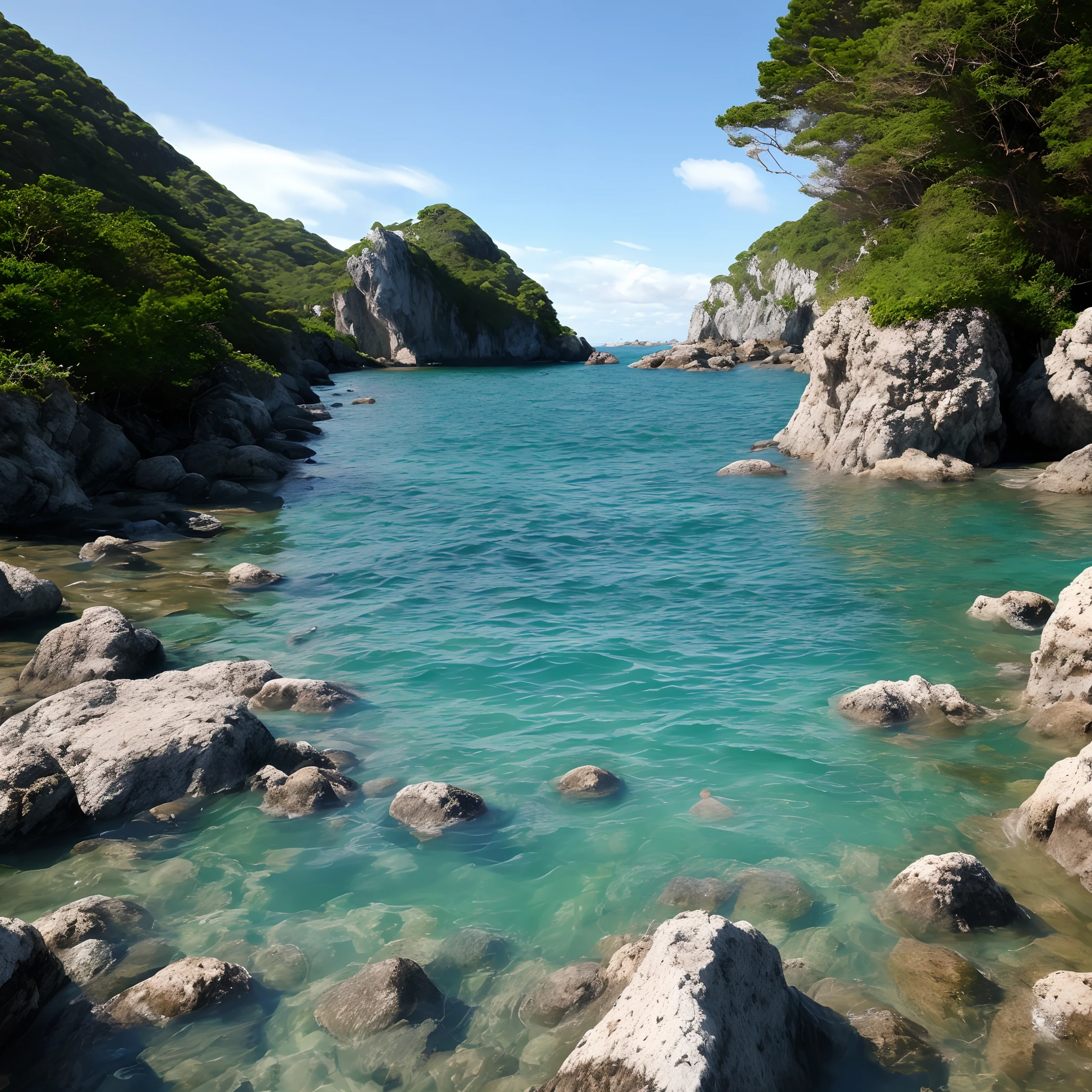 Rising sea levels, walking in sea water, blue sky, rocky islands, dreams