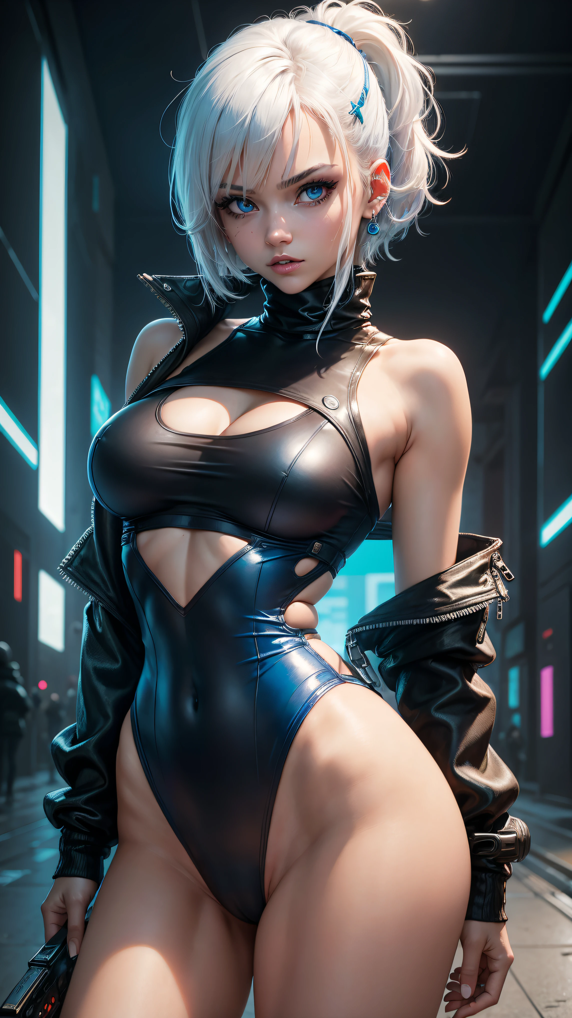 cyberpunk edgerunners, 1girl, lucy (cyberpunk), bare shoulders, blue eyes, breasts, leotard, looking at viewer, medium breasts, off-shoulder jacket, off shoulder, red eyeliner, short hair, sleeveless turtleneck leotard, solo, turtleneck leotard, white hair, ((masterpiece)) (best quality, masterpiece)