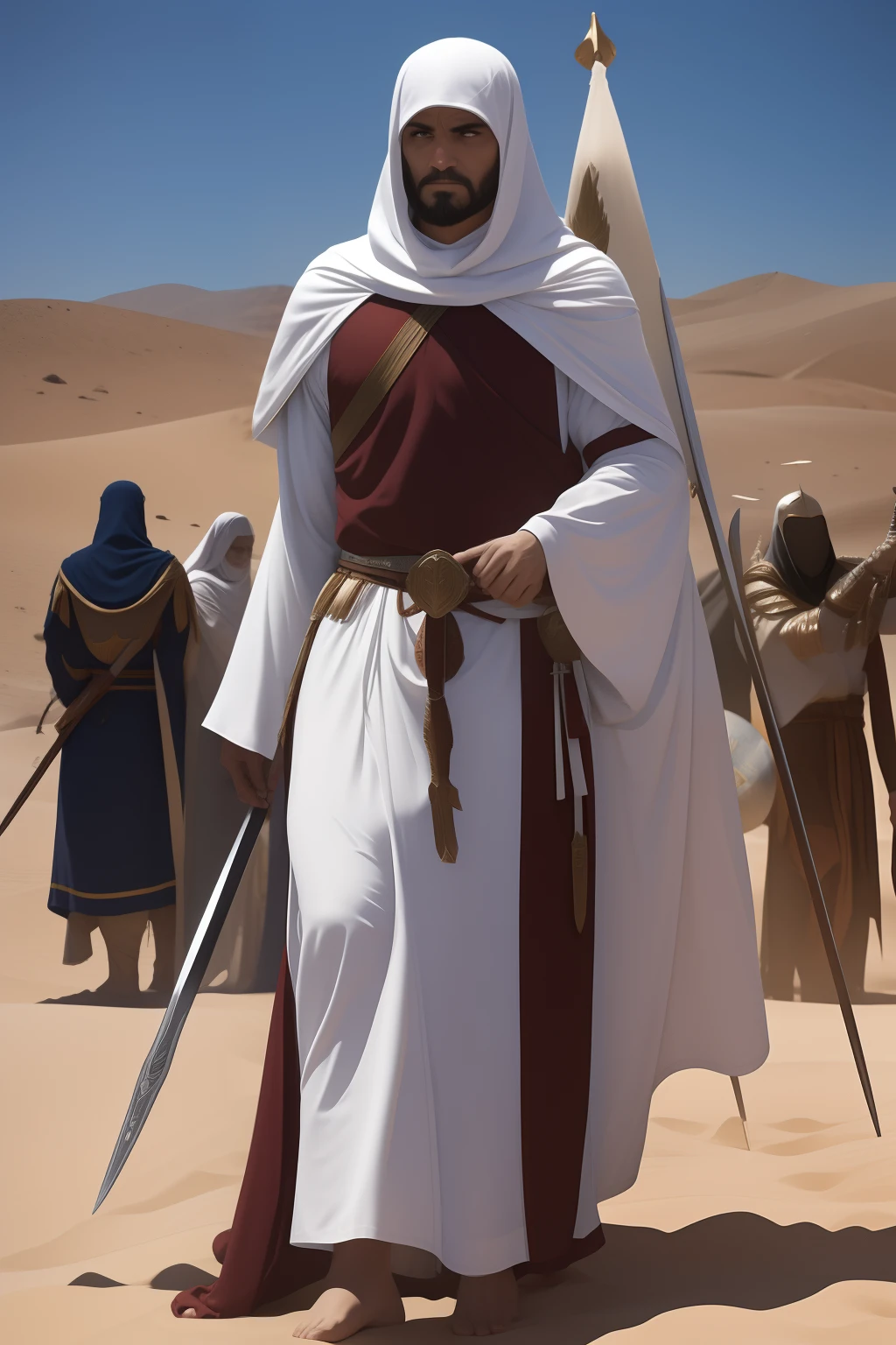 (SFW)No melhor estilo John Buscema, A Knight Templar from the time of the Crusades, usando uma vestimenta revestida com cota de malha, segurando uma espada afiada prontamente para enfrentar seus inimigos, Worthy and honorable being shown standing(corpo inteiro)em pleno deserto palestino, arte detalhista e perfeita, epic scene (SFW)