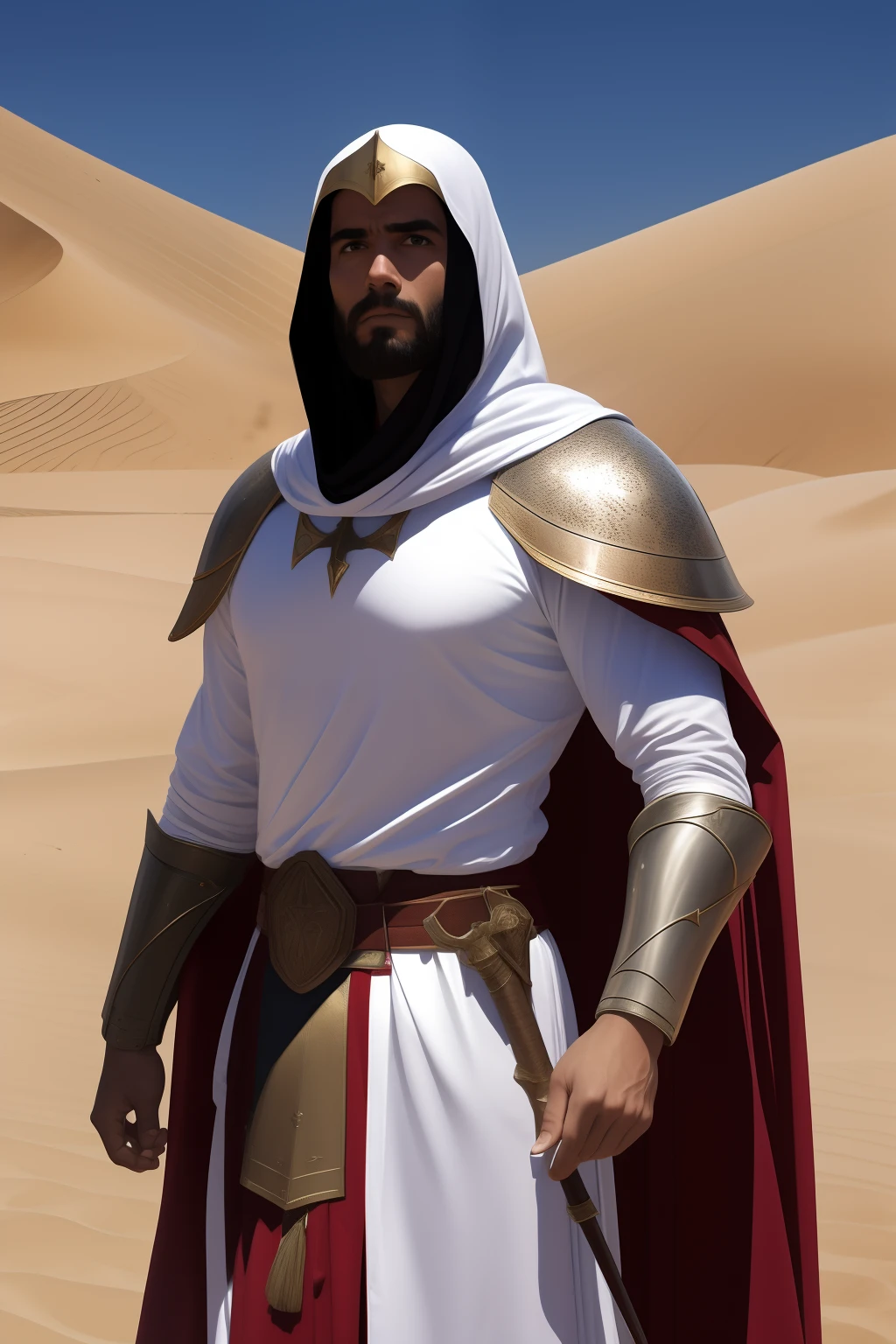 (SFW)No melhor estilo John Buscema, A Knight Templar from the time of the Crusades, usando uma vestimenta revestida com cota de malha, segurando uma espada afiada prontamente para enfrentar seus inimigos, Worthy and honorable being shown standing(corpo inteiro)em pleno deserto palestino, arte detalhista e perfeita, epic scene (SFW)