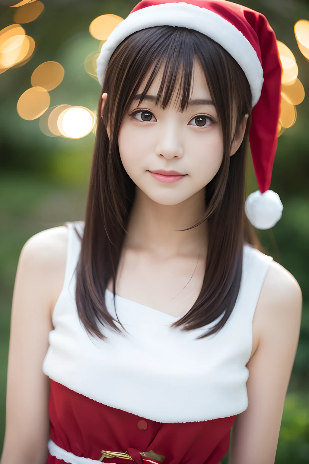 (masterpiece:1.2), highest quality, High resolution, One girl, (((Dressed as Santa Claus))), (Beautiful Japanese idol 12 year old girl), (((Very small breasts))), ((Baby Face)), (focus on her armpits), (((Sweaty armpits))), Armpit depression, ((((Dimpled Armpits)))), ((((Deeply wrinkled armpits)))), Large Christmas tree in the background, The background is the downtown area at night bustling with Christmas, Christmas lights balls bokeh