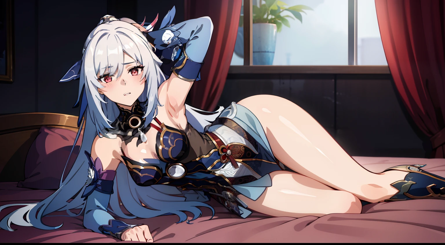 D, HD, Detailed details, top-quality, ultra-detailed, Highly detailed, masterpiece, best quality, high res, solo, 1girl, JingliuV5, long hair, red eyes, looking at the viewer, anime-styled, (medium breasts), blush, nipple, armpit, hand over head, shiny skin, on the bed, ((sleep)), ((full body))