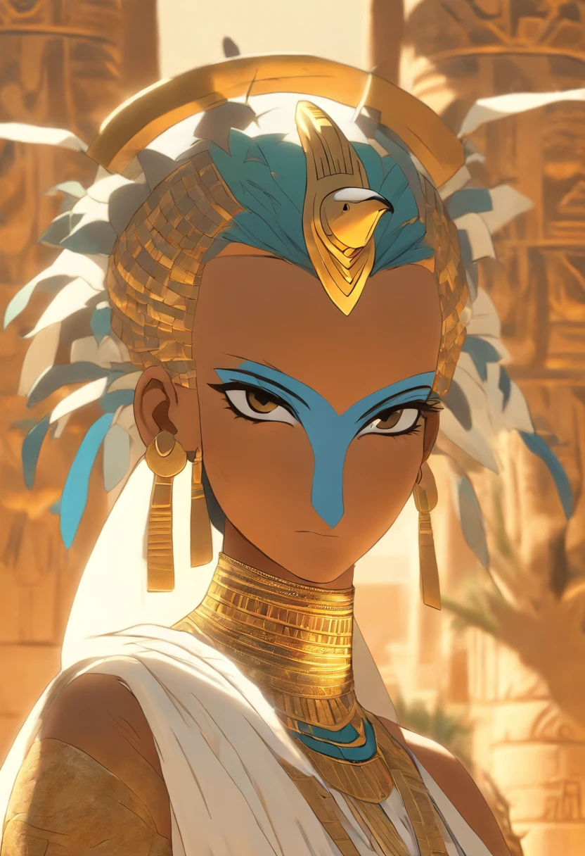 (((vulture crown, Egyptian woman))) best quality, very high resolution, 4K detailed CG, masterpiece, Egyptian mythology, Mut, Egypt, sun in the background, Ancient Egypt, standing pose, vulture crown, white clothes, Egyptian clothes, Egyptian temple, desert, Ancient Egypt, ((vulture crown)), Egyptian palace, aesthetics, beautiful image, centered on screen, standing pose