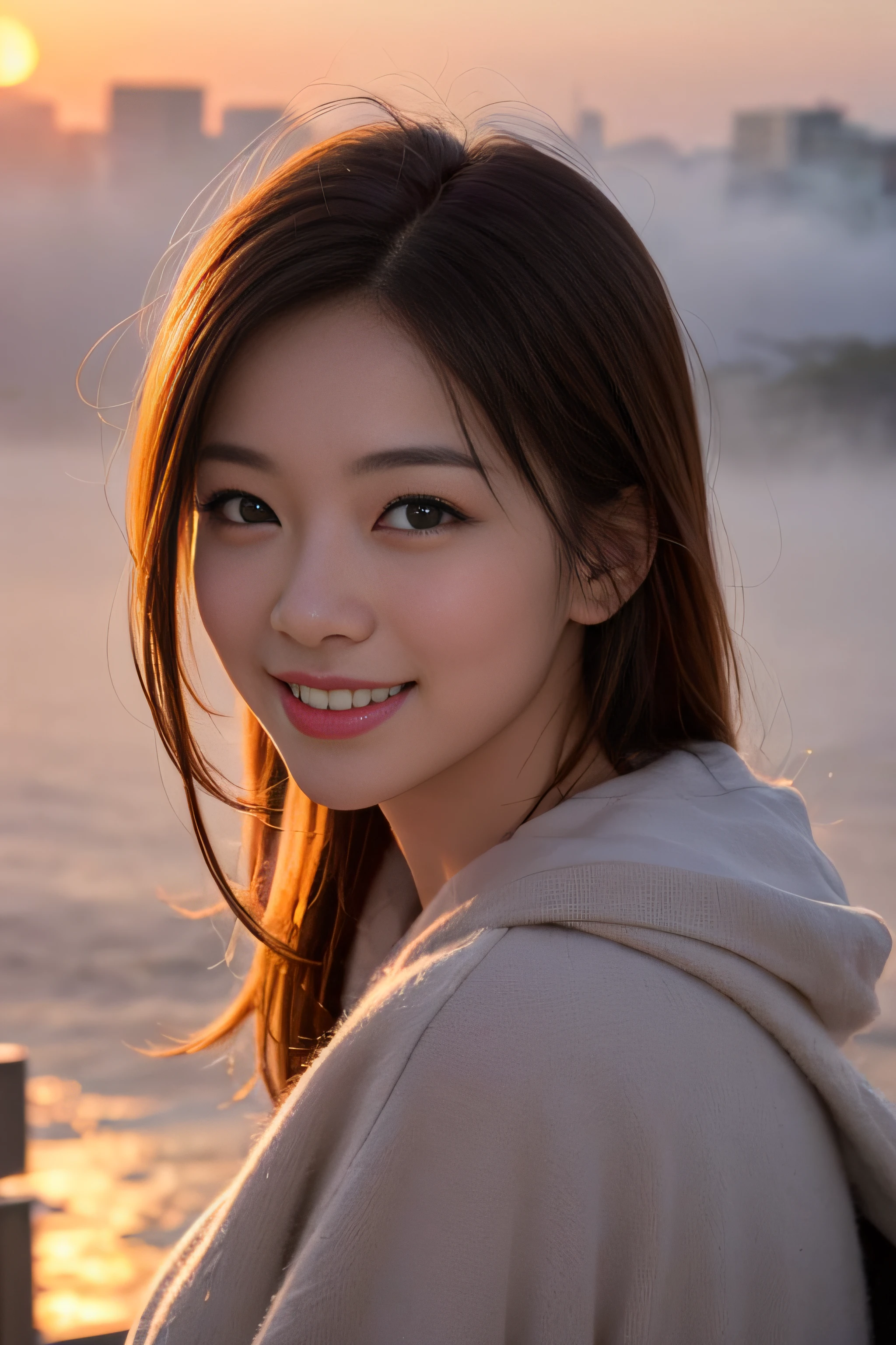1womanl、(Super beautiful)、(beauitful face:1.5)、Smiling at the rising sun、The fog of dawn begins to melt、A bustling city awakens dreams、Turning around in the morning sun