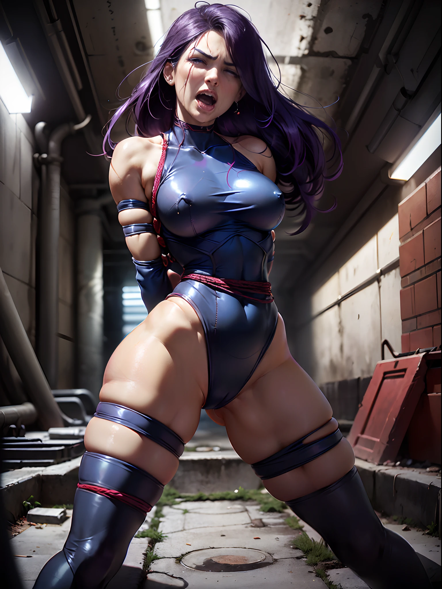 ((She's alone in an underground sewer)), (((SUPERHEROINE PSYLOCKE, meio agachamento, pernas abertas))), ((She's screaming loudly in pain)), (She's crying a lot), ((ela tem cabelo longo)), (She begs for mercy), (Ela esta vestindo roupas imorais, she's wearing indecent clothes), (obra-prima, melhor qualidade) 1.5, 1girl, sozinho, (sexy, mulher bonita, rosto perfeito, olhos perfeitos), corpo inteiro, ((SHE'S drunk and drugged, babando, tears streaming down her face)), ((Shibari)), ((rope bondage)), ((arms behind back)), ((Totalmente amarrado)), ((Fortemente contido com cordas))