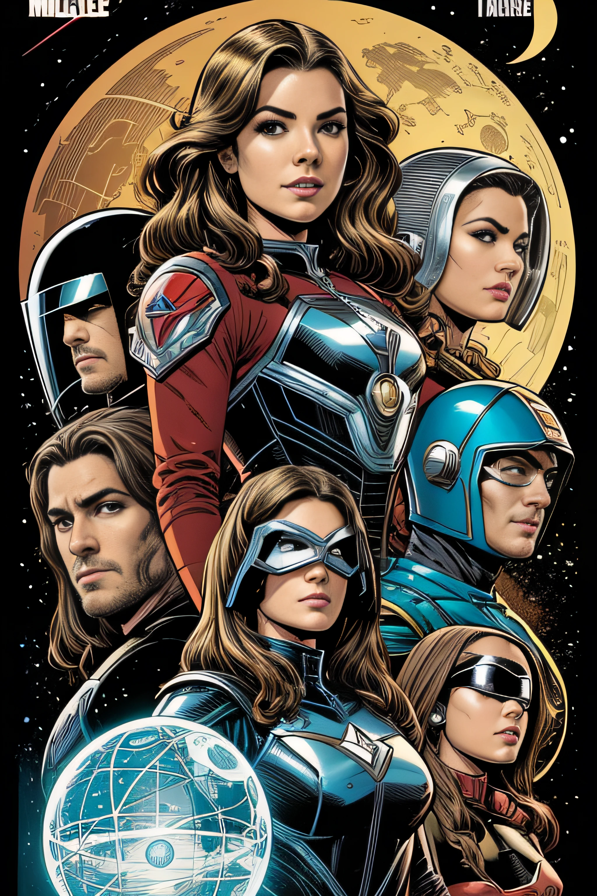Arte em quadrinhos, arte de comic book, cores vintage, Estilo Terry Moore, mulher, Soldado Scifi, cabelos pretos, Olhos azuis, armadura vermelho brilhante Hitech, scifi cenario
