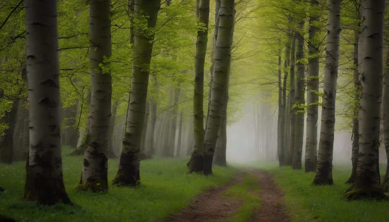 Best quality at best,Master masterpieces,Sony Master Lens,RAW photos,(fidelity:1.4),8k wallpaper,The base color is bright,Natural light, Large grasslands,There was a bit of fog,springtime,The main color is green,small stream,Birch forest,Flat viewing angle