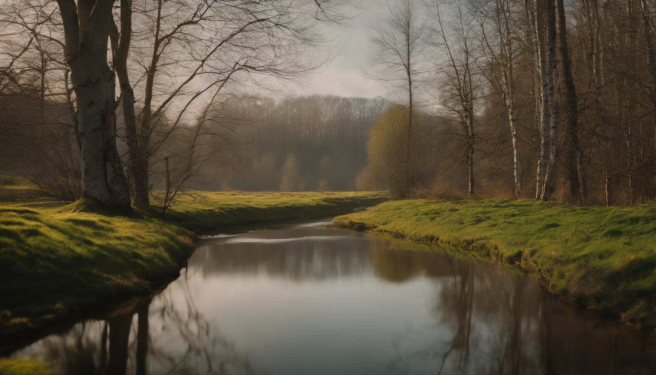 Best quality at best，Master masterpieces，Sony Master Lens，RAW photos，（fidelity：1.4），8k wallpaper，The base color is bright，Natural light， Large grasslands，There was a bit of fog，springtime，The main color is green，small stream，Birch forest，Flat viewing angle