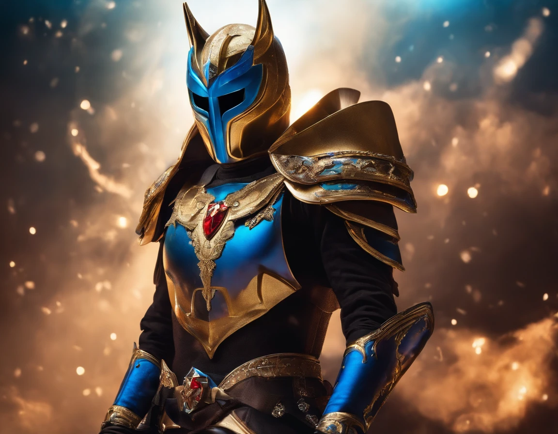 Legendary warriors in the universe, The face is a horse-like mask, Kamen Rider style, The armor on the chest and shoulders resembles the design of Libra, Very bright colors, The light particles are all starlight blue, wallpaper art, UHD wallpaper