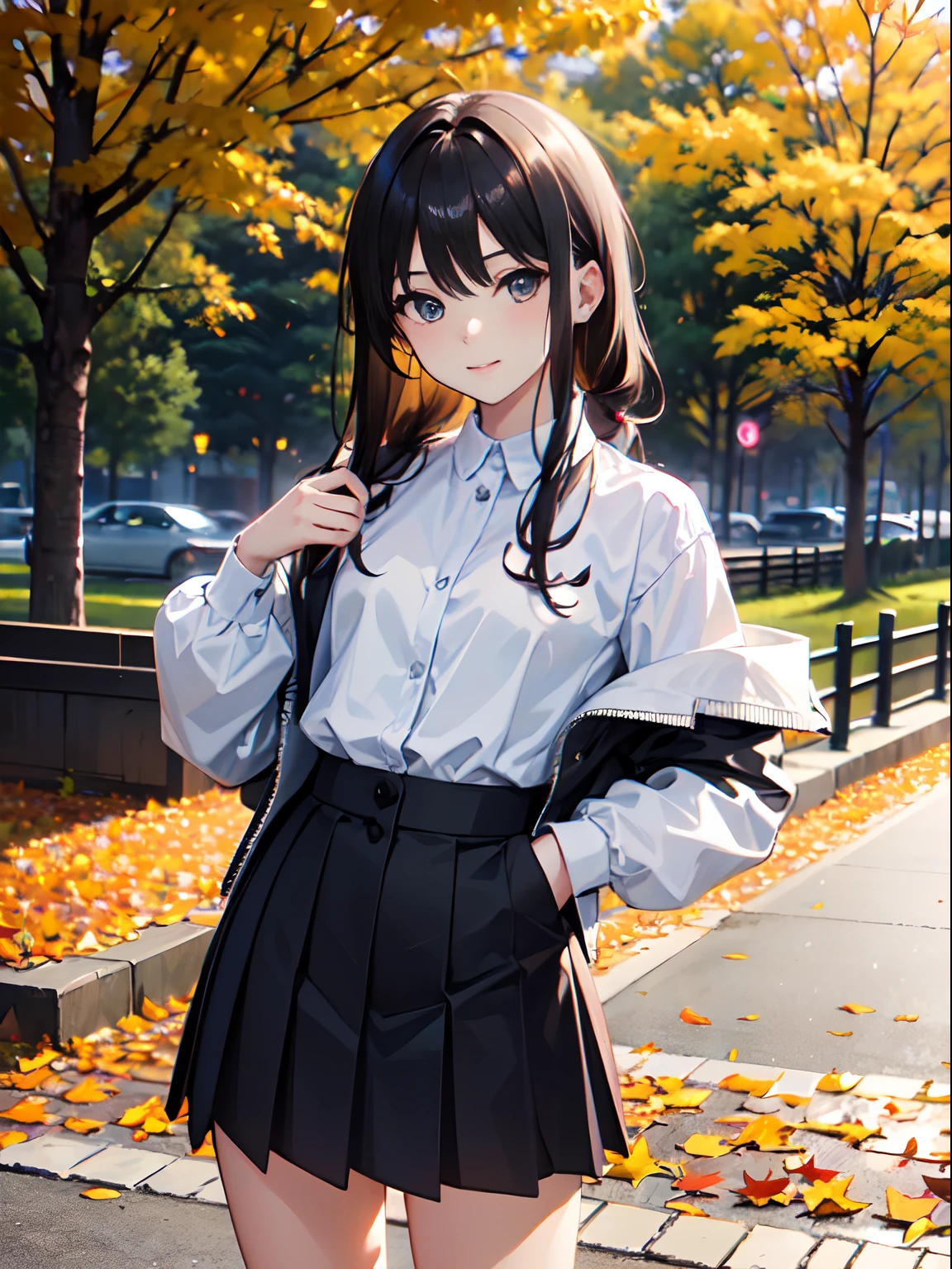 (8K、Raw photography、top-quality、​masterpiece:1.2)、(realisitic、Photorealsitic:1.37)、ultra-detailliert、超A high resolution、see the beholder、beautifull detailed face、Constriction、(Slim waist:1.3)、Beautiful detailed skin、Skin Texture、floated hair、profetional lighting、Super delicate and cute girl with black hair、14 years old girl、Solo、1 persons、a junior high school student、14years、Dark hair、eyes are brown、(Hair is long black straight:1.1)、flat chest、A slight smil、Long sleeve button-down shirt、Wear a jacket over your shoulders、skirt by the、White sneakers、Autumn Park、Colored leaves、(Holding fallen leaves in your right hand:1.1)